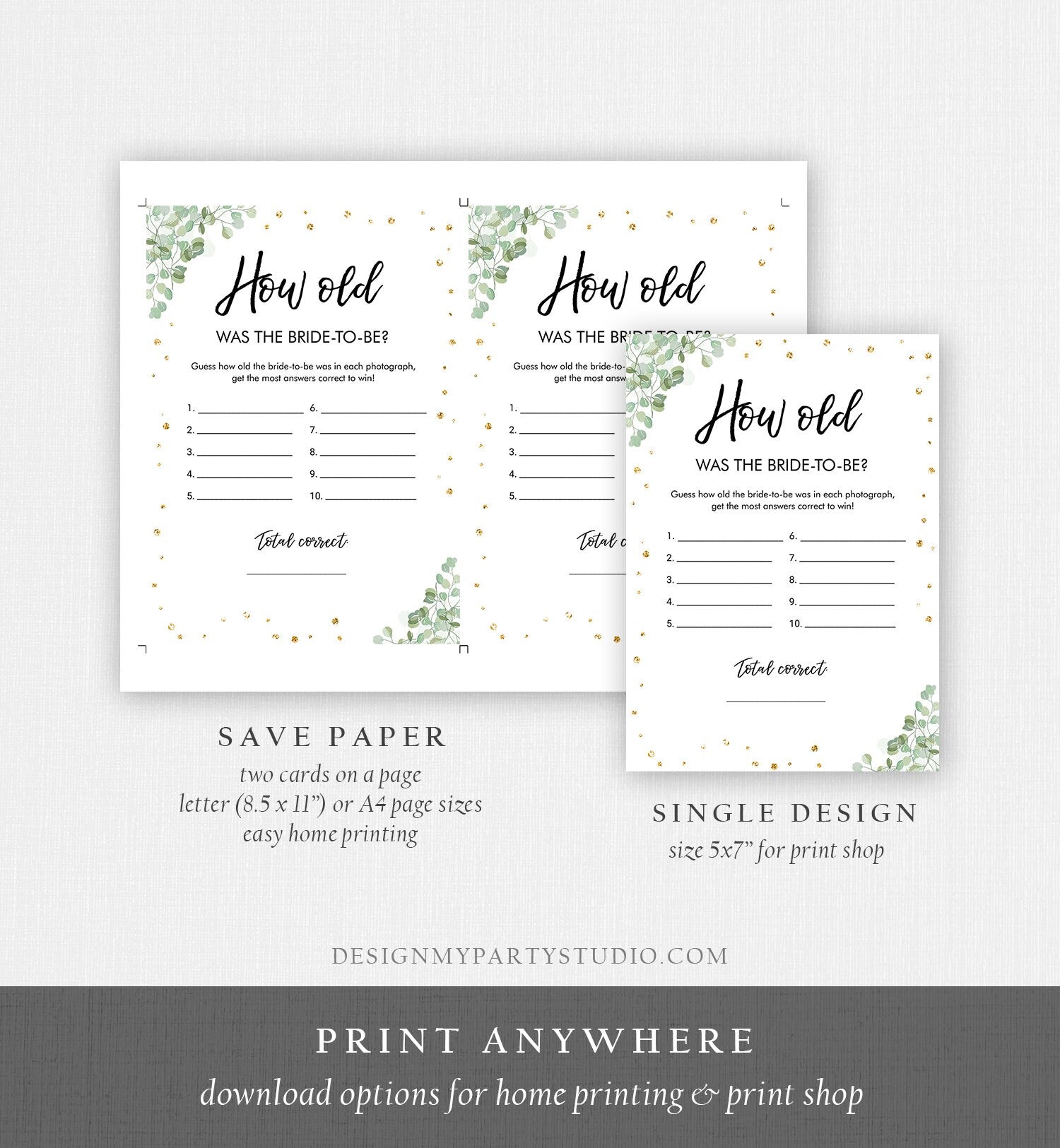 Editable How Old Was The Bride-to-Be Bridal Shower Game Wedding Shower Activity Eucalyptus Gold Digital Template Printable 0030 0318