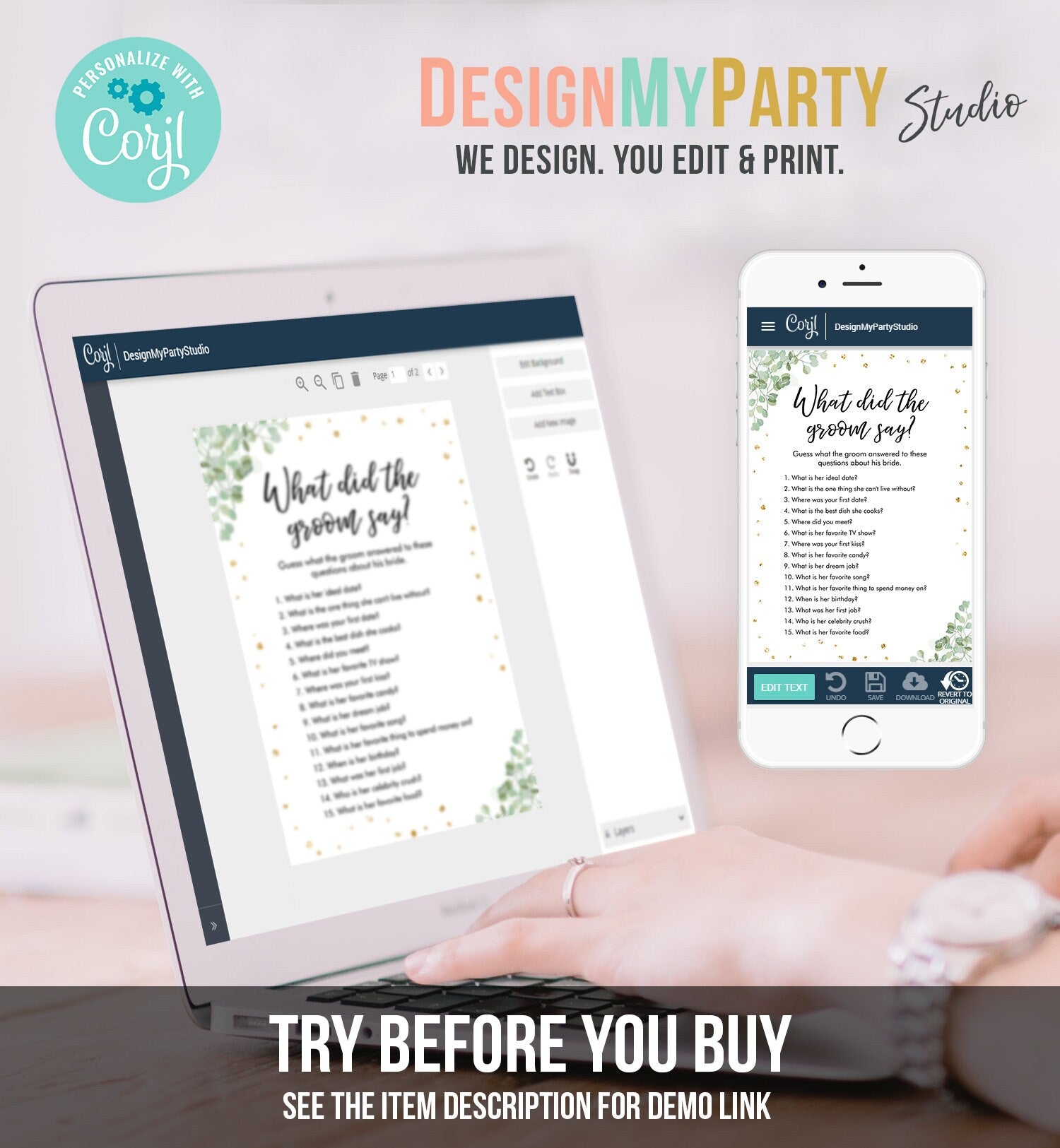 Editable What Did The Groom Say About His Bride Game Bridal Shower Game Eucalyptus Gold Confetti Digital Download Printable 0030 0318