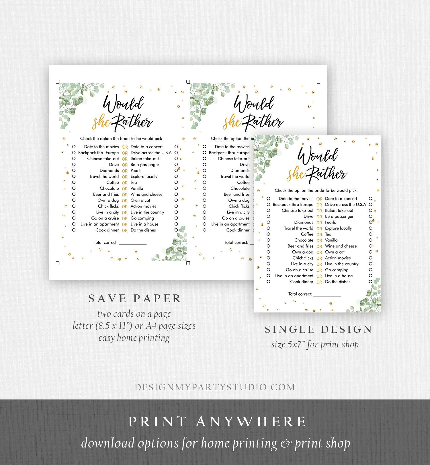 Editable Would She Rather Bridal Shower Game Wedding Shower Activity Eucalyptus Gold Confetti Party Download Template Printable 0030