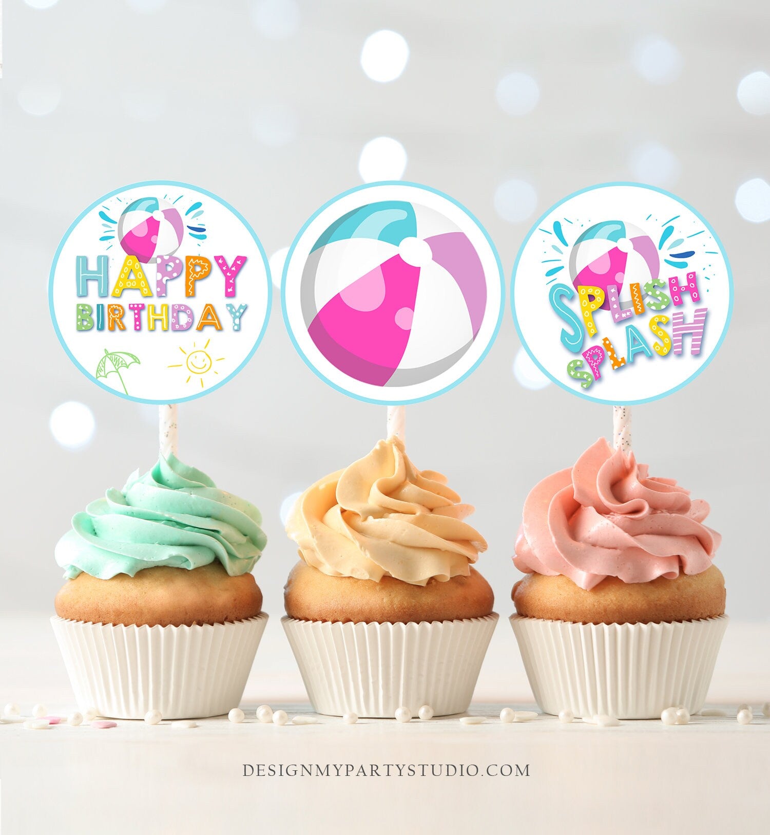 Pool Party Cupcake Toppers Favor Tags Girl Pool Birthday Party Decoration Summer Birthday Pink Splish Splash download Digital PRINTABLE 0169