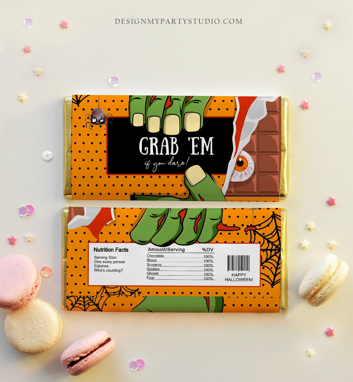 Editable Halloween Party Favor Halloween Candy Bar Wrapper Halloween Chocolate Bar Labels Zombie Gift Download Corjl Template Printable 0261