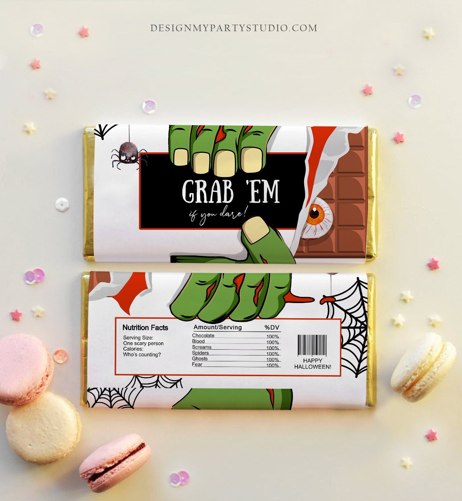 Editable Halloween Party Favor Halloween Candy Bar Wrapper Halloween Chocolate Bar Labels Zombie Gift Download Corjl Template Printable 0261