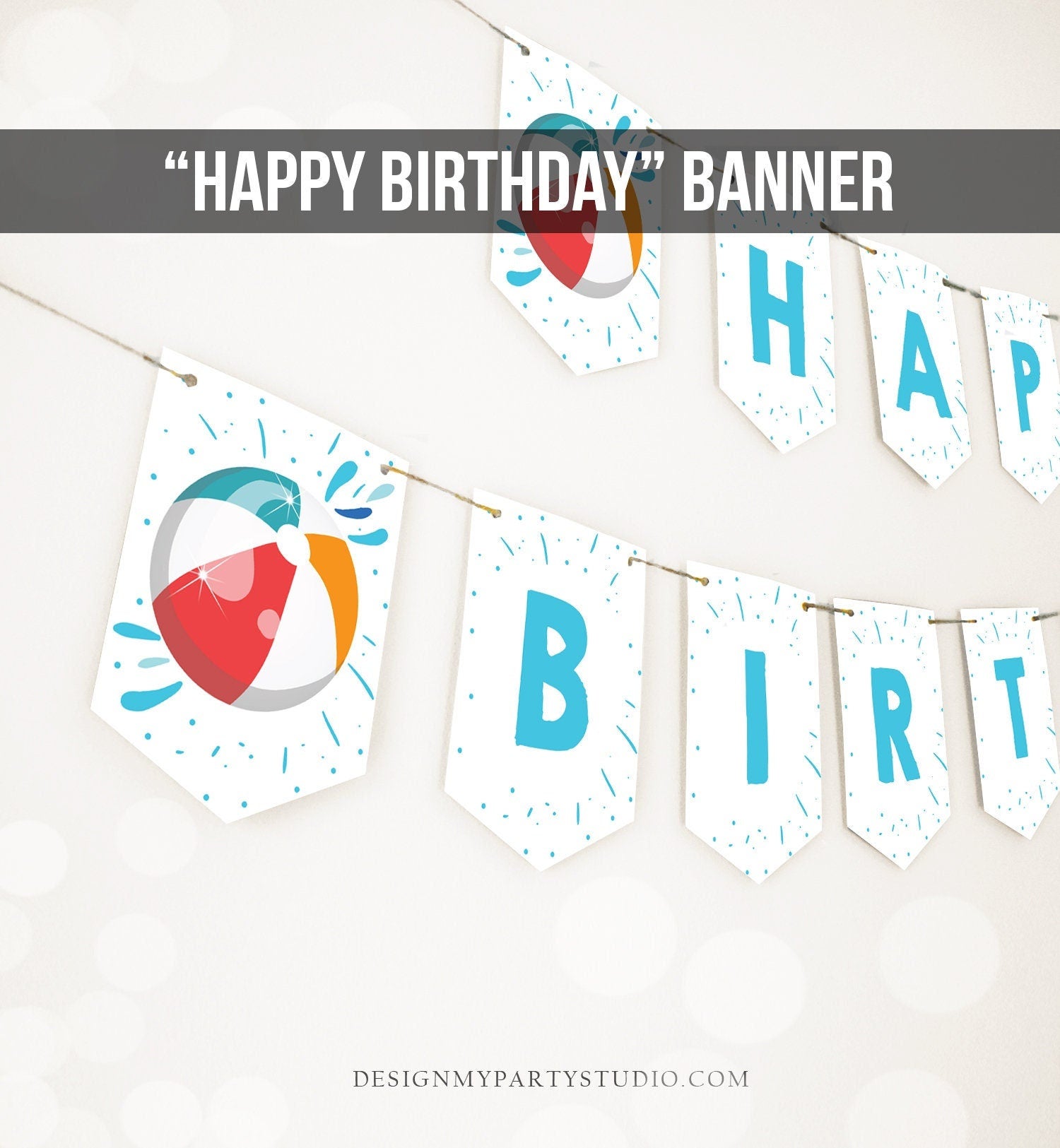 Happy Birthday Banner Pool Party Birthday Banner Splish Splash Birthday Bash Boy Decorations Blue Red Beach Ball Download Printable 0169