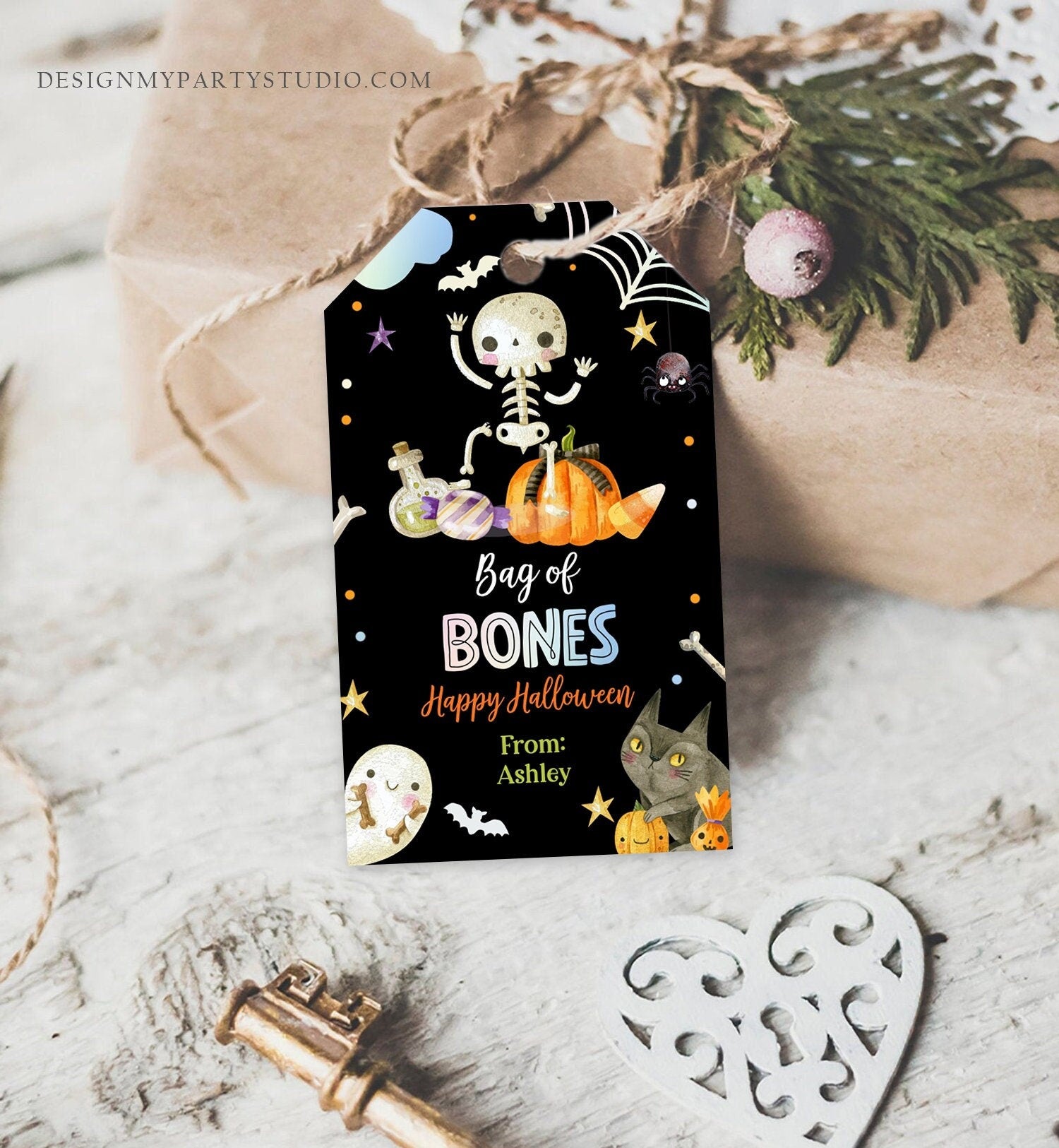 Editable Halloween Gift Tag Skeleton Gift Tags Trick Or Treat Halloween School Treat Bag of Bones Digital Download Template Printable 0261