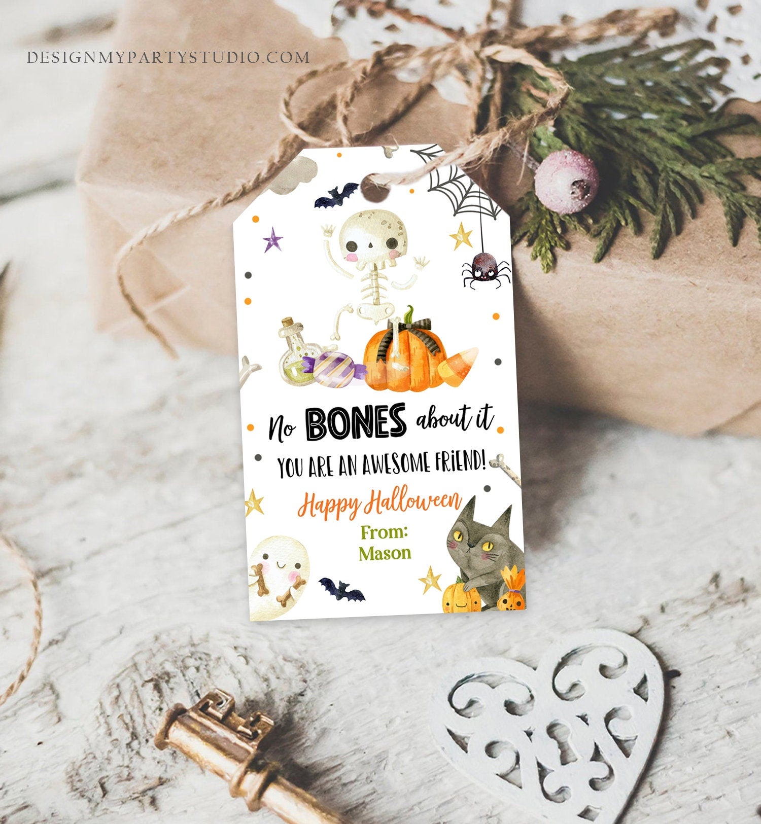 Editable Halloween Gift Tag Skeleton Gift Tags No Bones About It Friend School Treat Skull Favors Digital Download Template Printable 0261