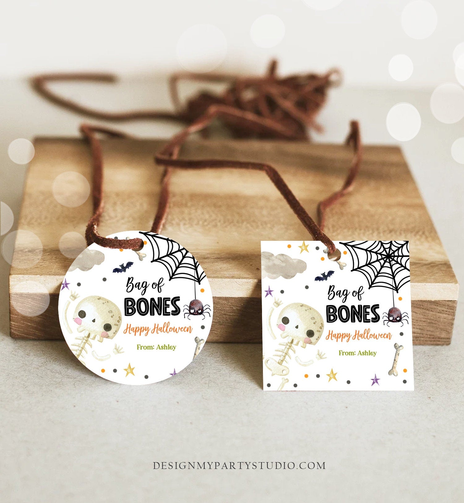 Editable Halloween Gift Tag Skeleton Sticker Trick Or Treat Halloween School Treat Bag of Bones Tag Download Printable Template Corjl 0261