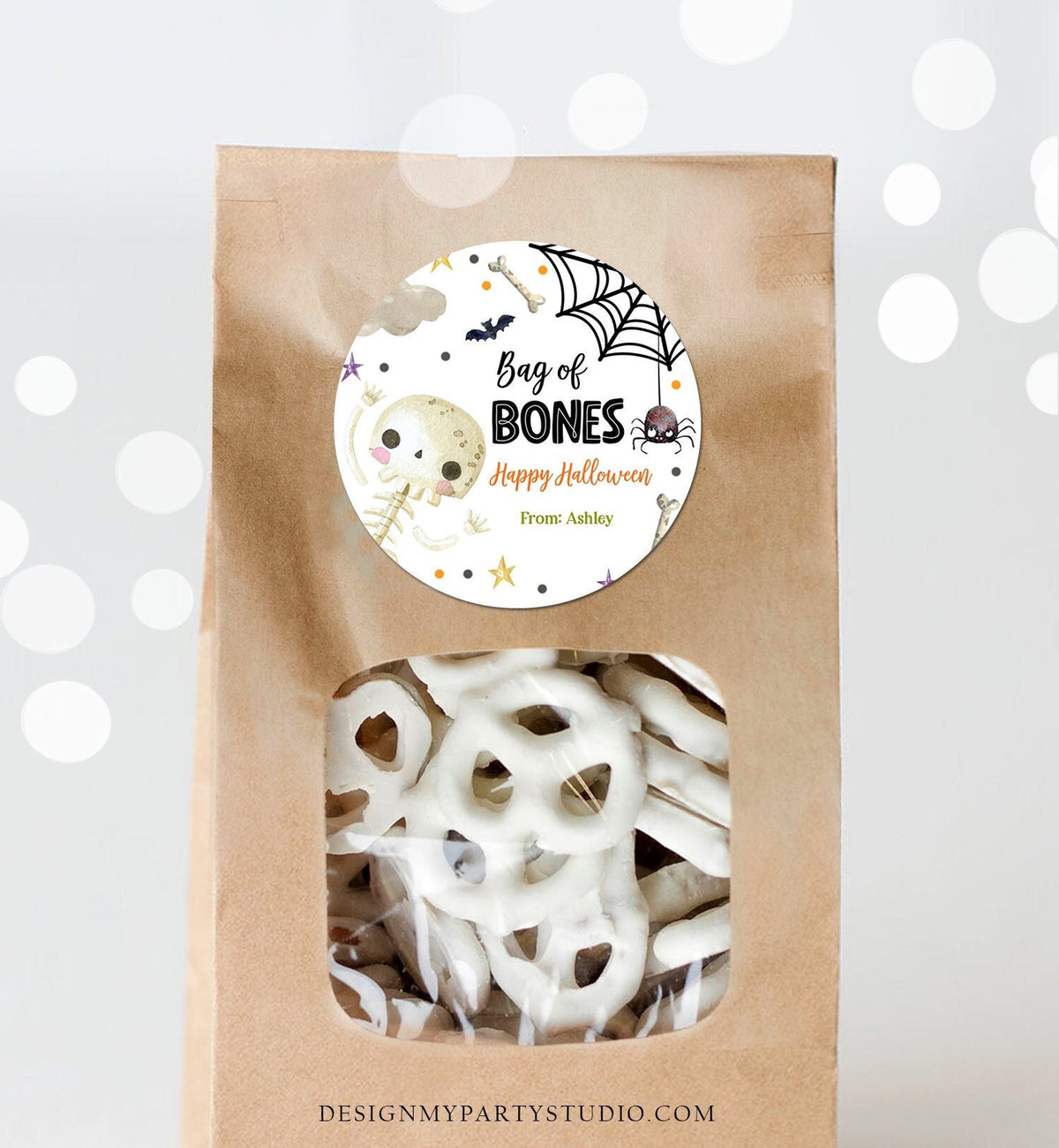 Editable Halloween Gift Tag Skeleton Sticker Trick Or Treat Halloween School Treat Bag of Bones Tag Download Printable Template Corjl 0261