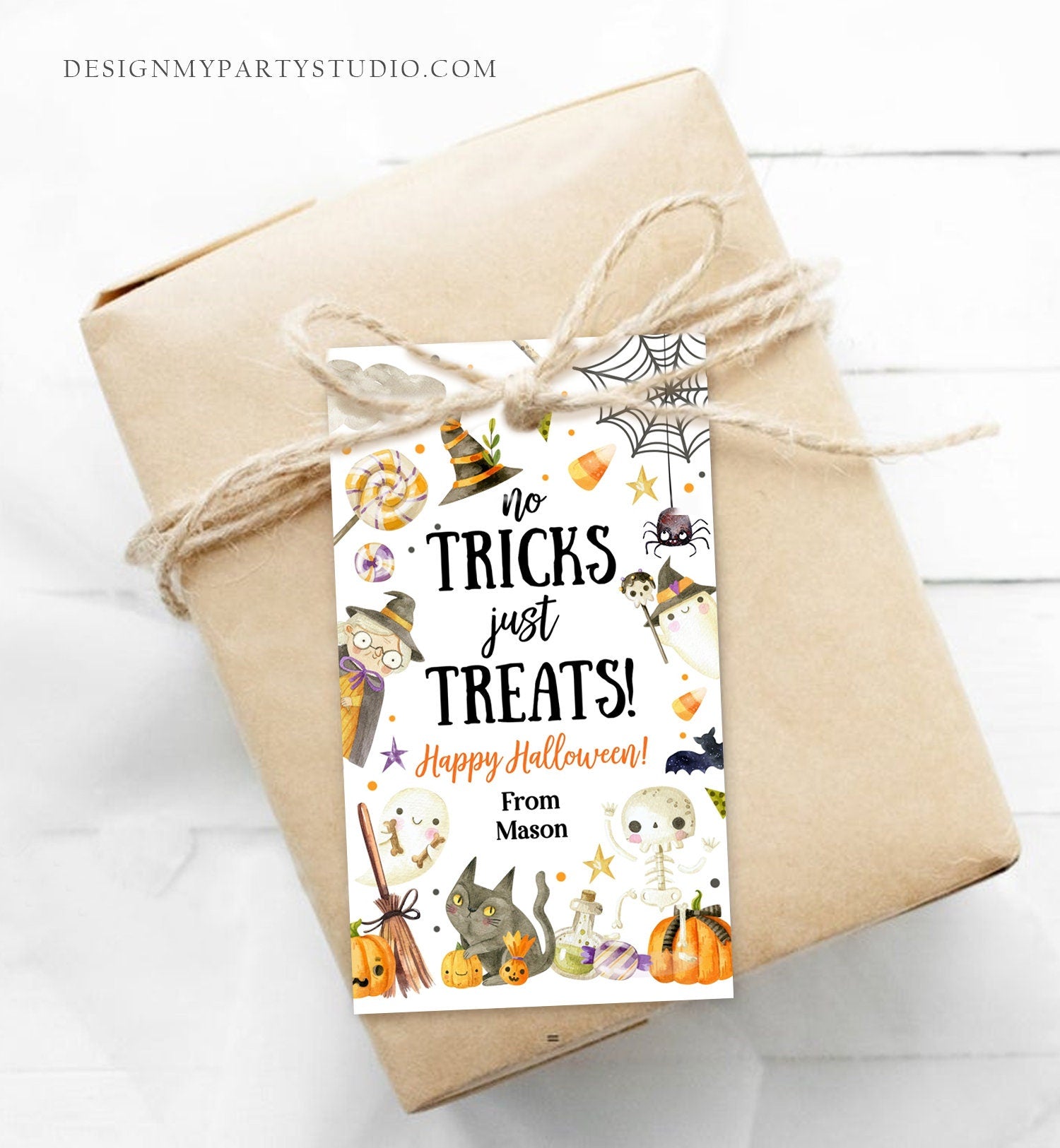 Editable Halloween Gift Tag No Tricks Just Treats Halloween Treat Tag Trick Or Treat Favor Tags Kids Download Template Printable 0261 0475