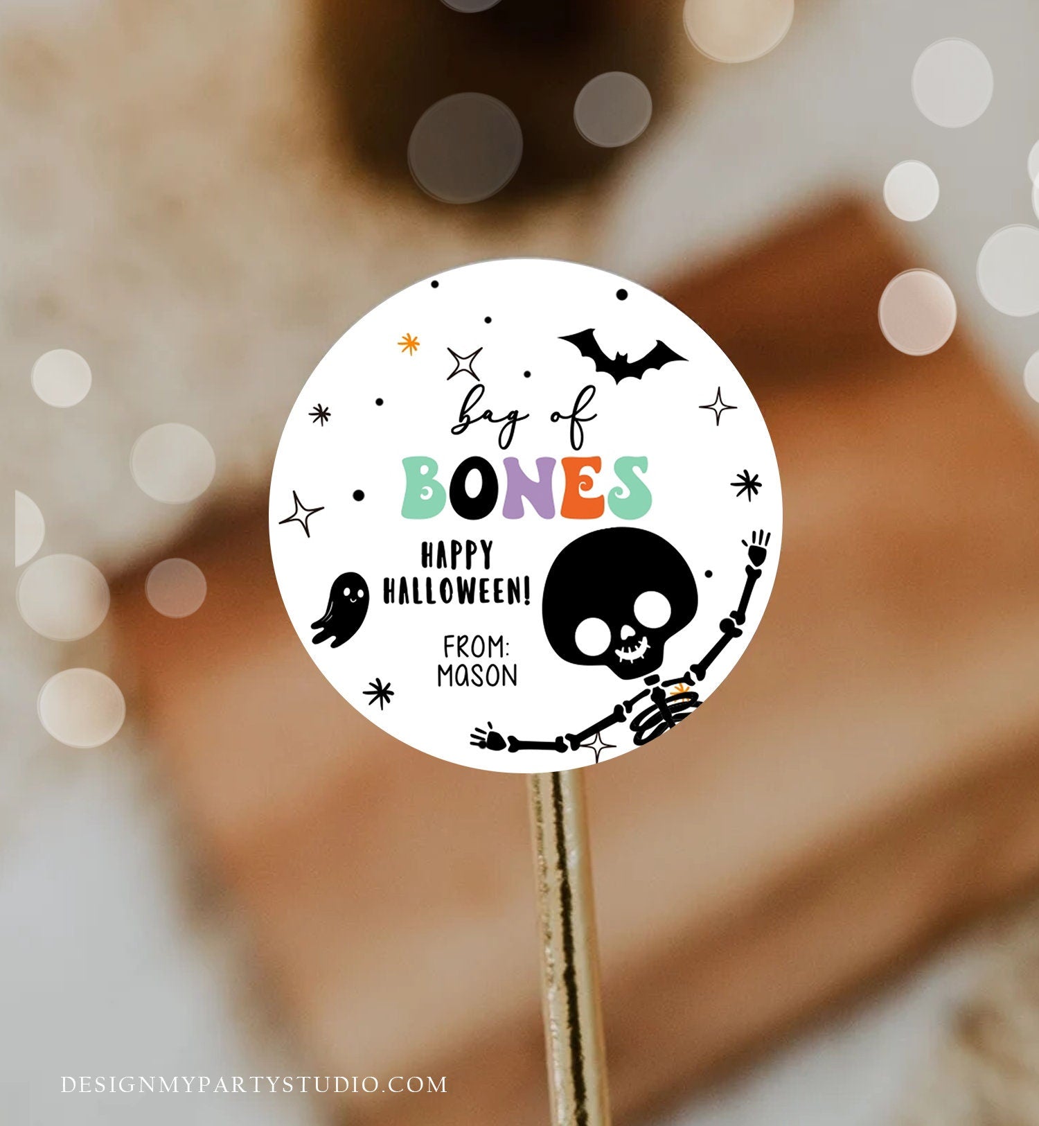 Editable Halloween Gift Tag Skeleton Sticker Trick Or Treat Halloween School Treat Bag of Bones Tag Digital Download Template Printable 0261