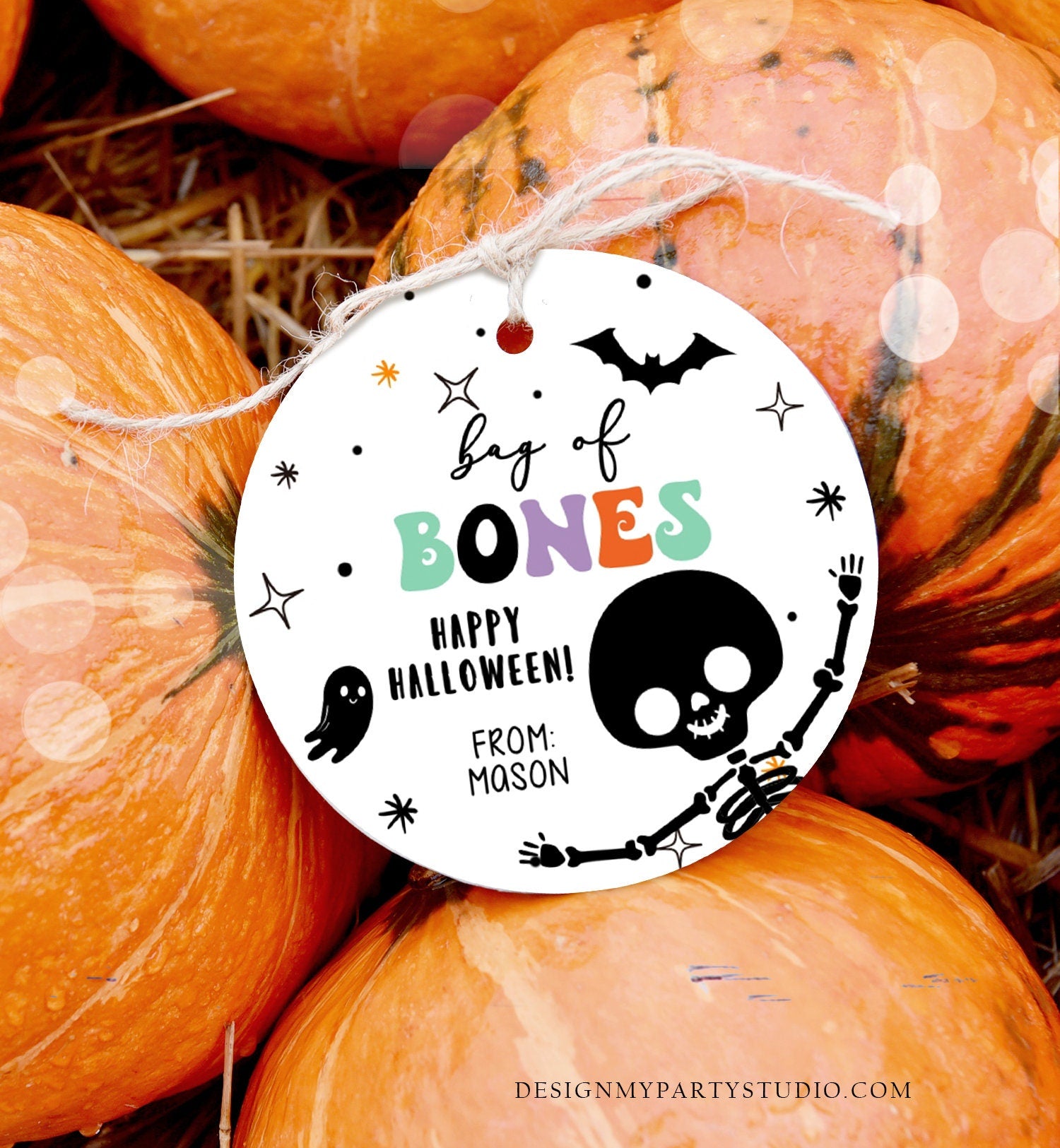 Editable Halloween Gift Tag Skeleton Sticker Trick Or Treat Halloween School Treat Bag of Bones Tag Digital Download Template Printable 0261