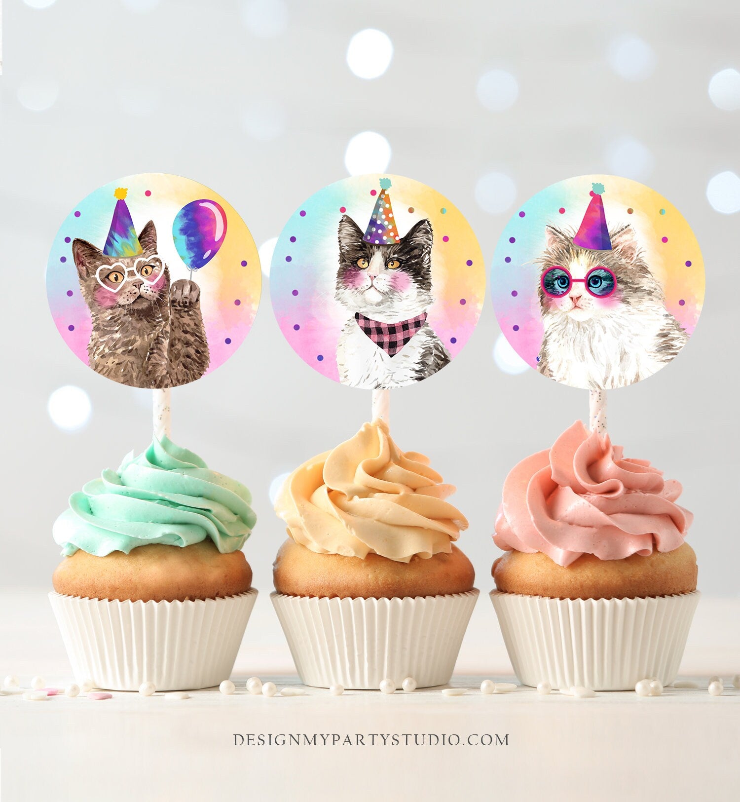 Cats Cupcake Toppers Cat Favor Tags Birthday Kitten Pink Girl Party Animals Kittens Birthday Decor Download Digital PRINTABLE 0460