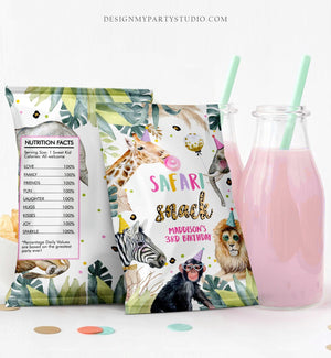 EditableParty Animals Chip Bag Safari Animals Birthday Decor Girl Zoo Pink Safari Snacks Wild One Favor Four 4th Digital Corjl Template 0417