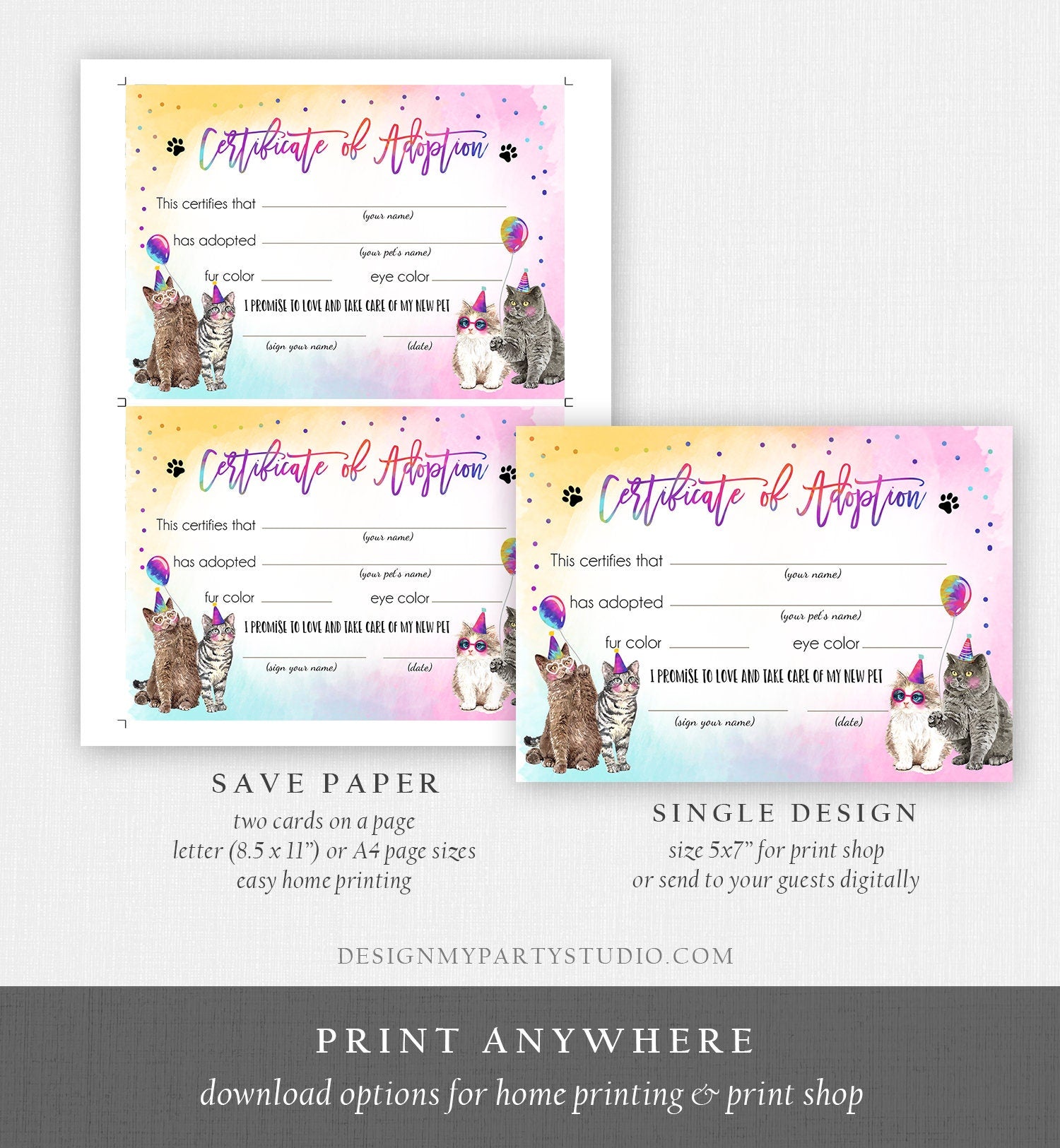 Pet Adoption Certificate Cat Adoption Cat Birthday Party Adopt A Cat Girl Pink Pawty Kitten Adoption Instant Download Digital PRINTABLE 0460