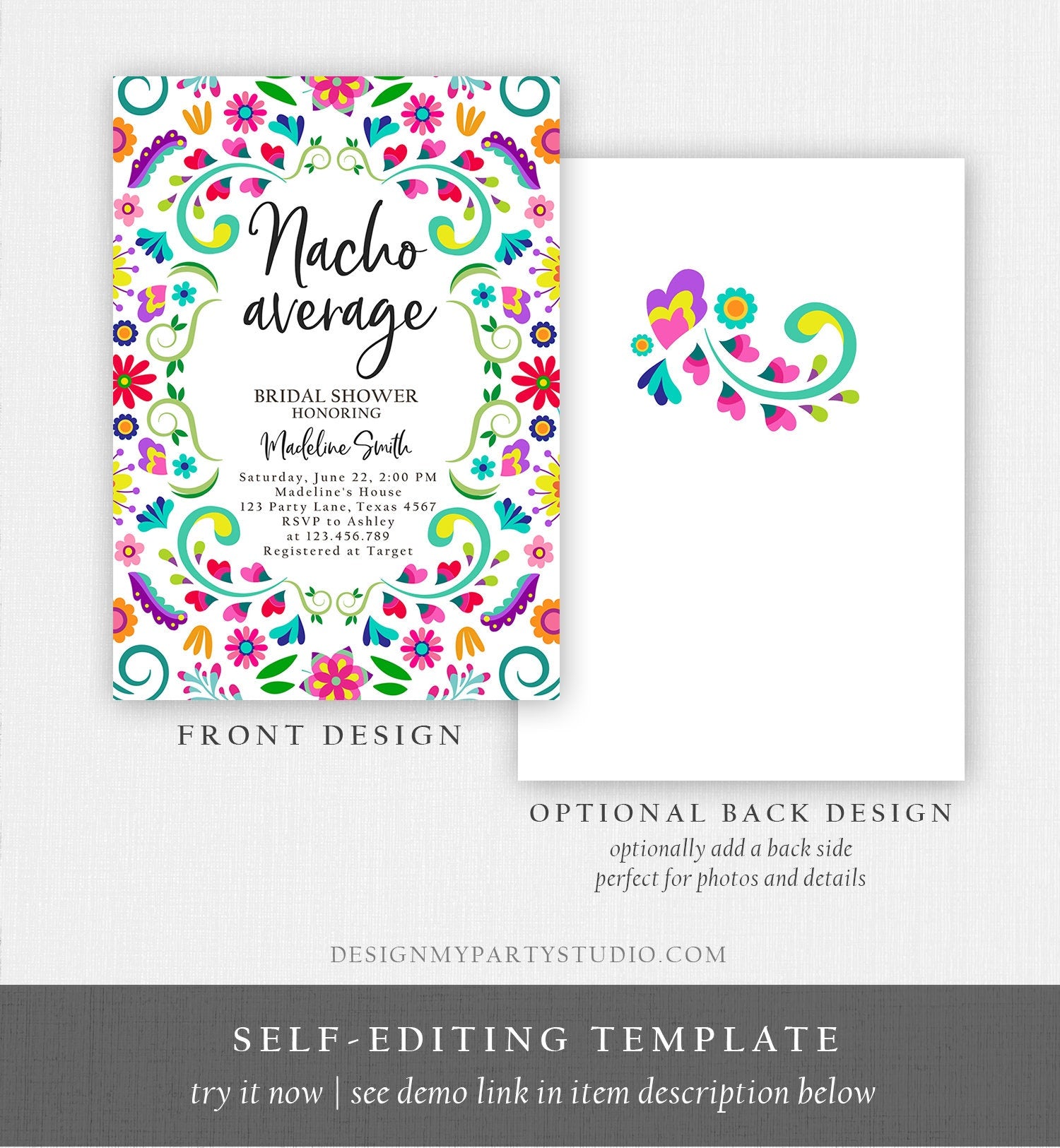 Editable Nacho Average Bridal Shower Invitation Couples Fiesta Mexican Mexico Floral Cactus Succulent Desert Template Corjl Printable 0466