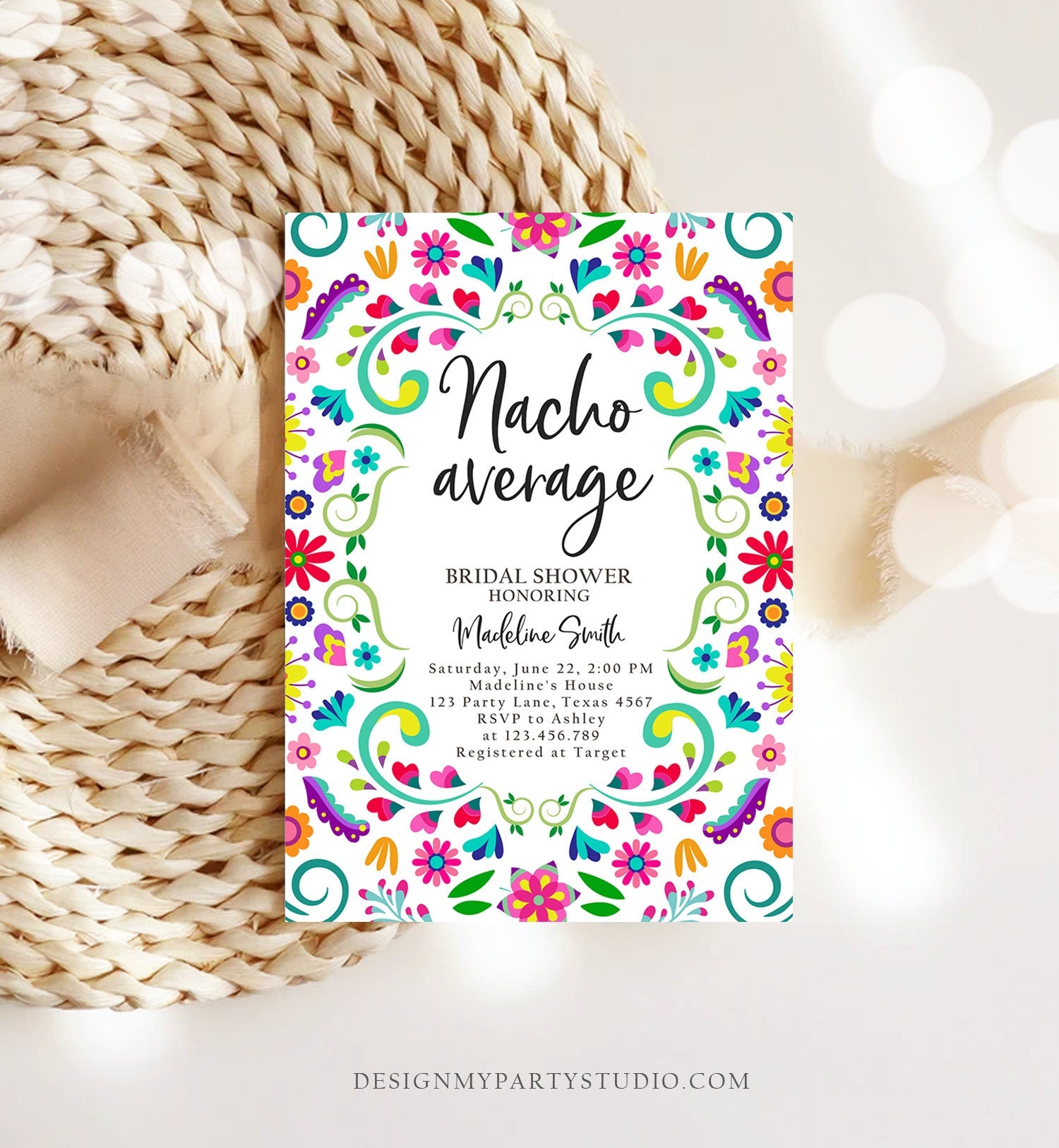 Editable Nacho Average Bridal Shower Invitation Couples Fiesta Mexican Mexico Floral Cactus Succulent Desert Template Corjl Printable 0466