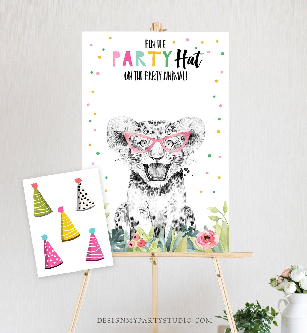 Editable Pin the Party Hat on the Party Animal Game Safari Party Animals Birthday Game Decor Girl Download Printable Digital Corjl 0322