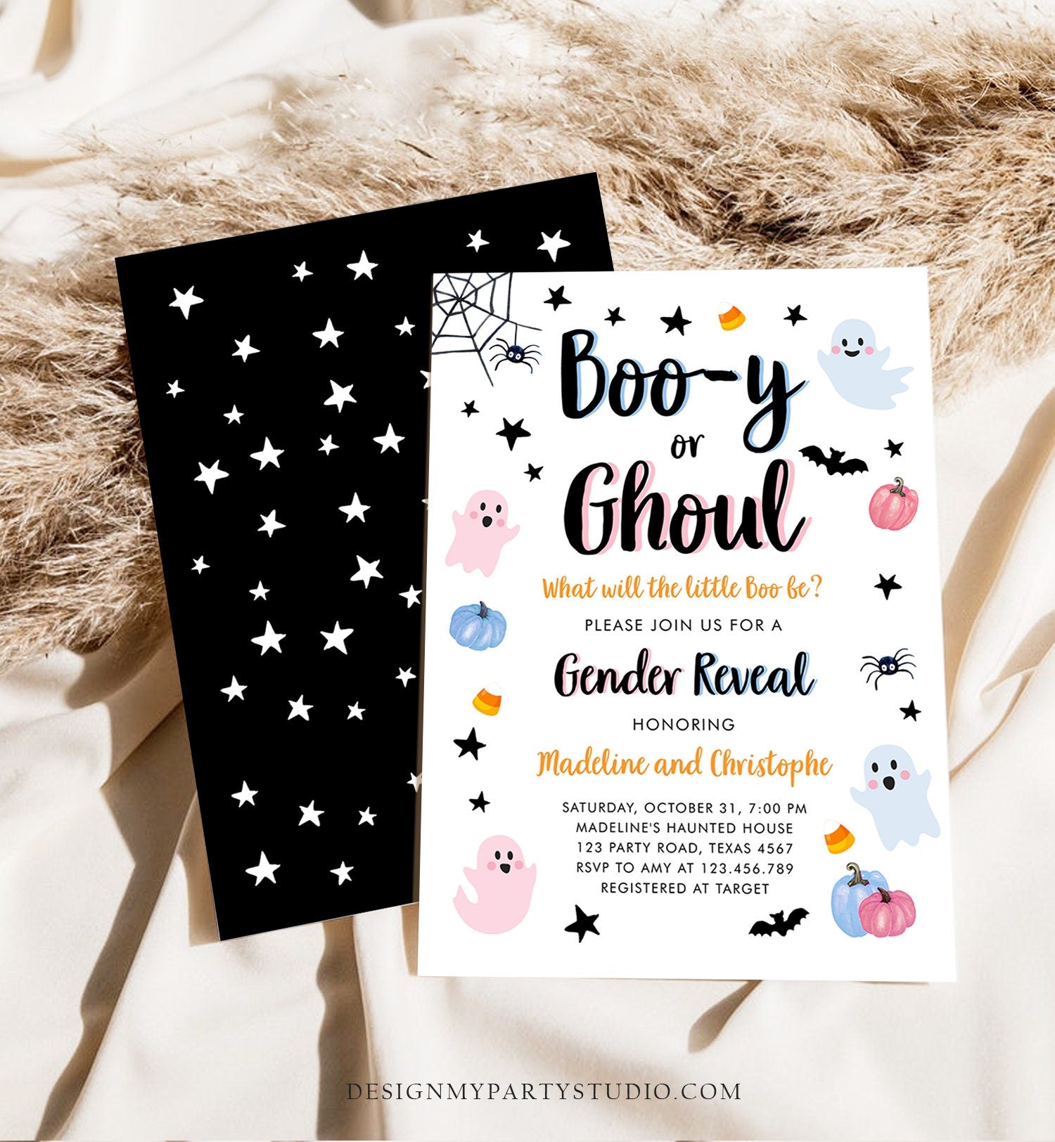 Editable Halloween Gender Reveal Invitation Little Boo Ghost Boo-y Ghoul Pink Blue Ghost Halloween Reveal Digital Template Printable 0418