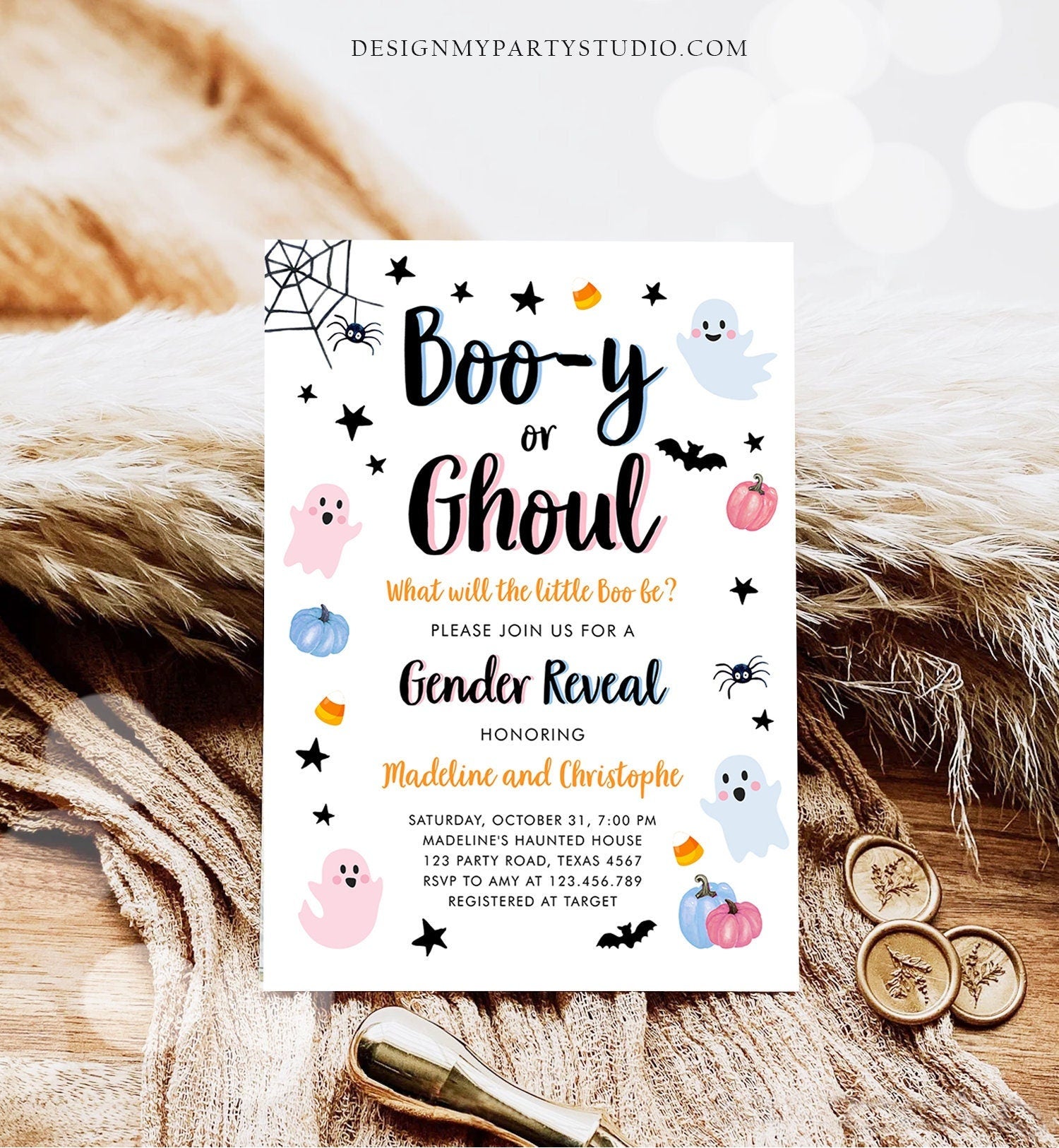 Editable Halloween Gender Reveal Invitation Little Boo Ghost Boo-y Ghoul Pink Blue Ghost Halloween Reveal Digital Template Printable 0418