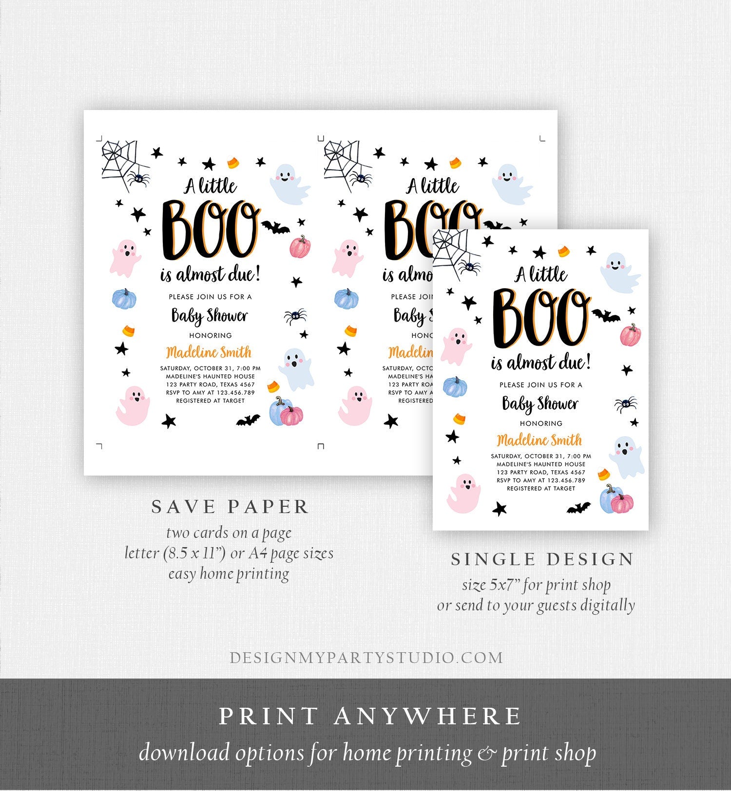 Editable Boo Baby Shower Invitation Cute Halloween Baby Shower Costume Party Pastel Ghost Gender Neutral Digital Template Printable 0418