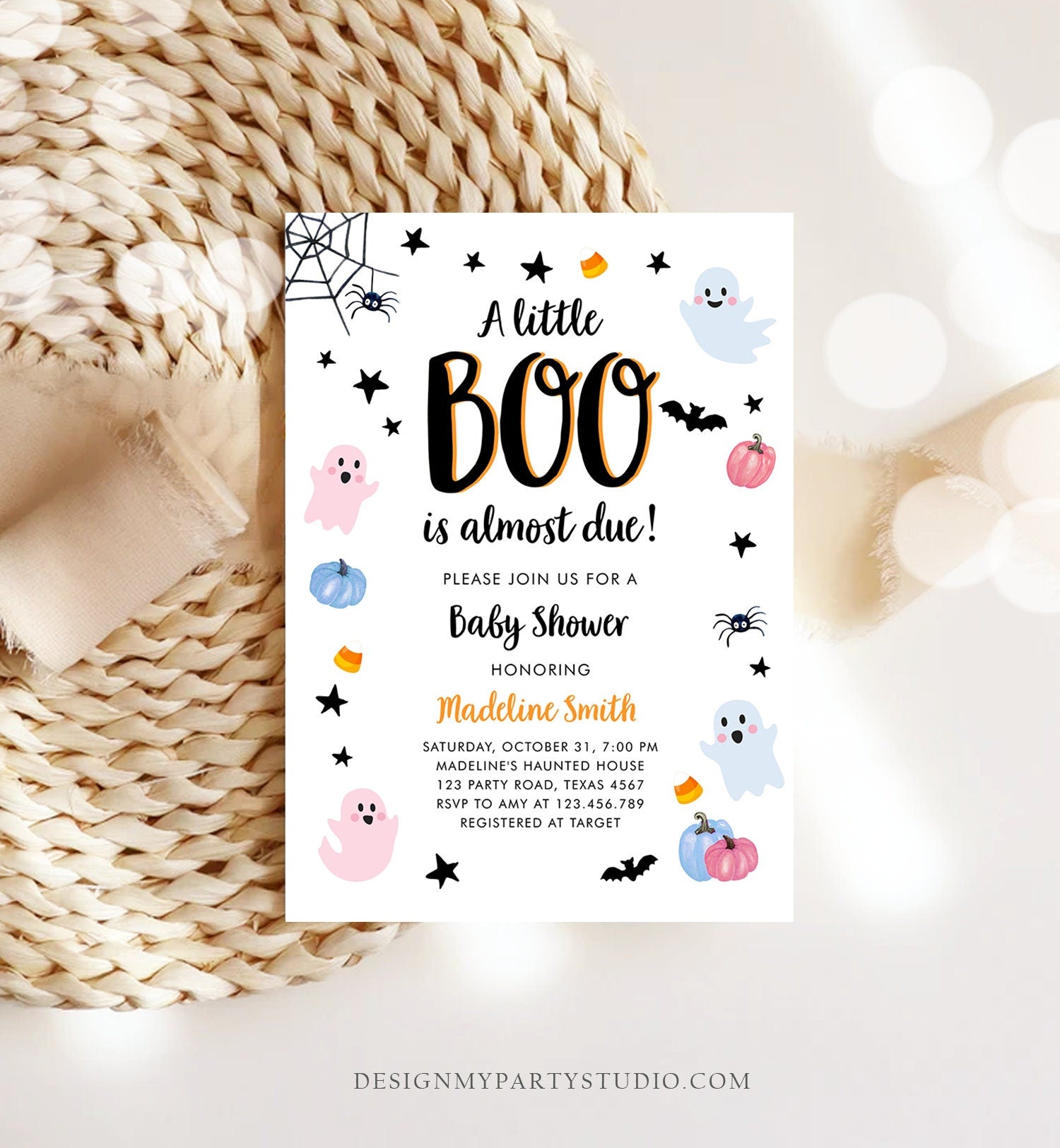 Editable Boo Baby Shower Invitation Cute Halloween Baby Shower Costume Party Pastel Ghost Gender Neutral Digital Template Printable 0418