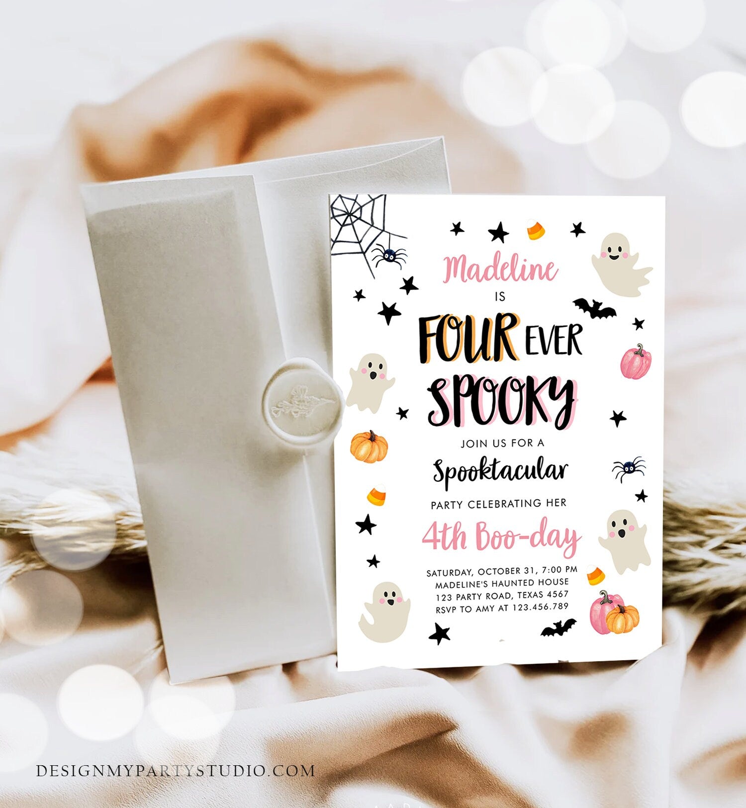 Editable Halloween Four Ever Spooky Birthday Invitation 4th Pink Ghost Costume Party Girl Pink Party Download Printable Template Corjl 0418