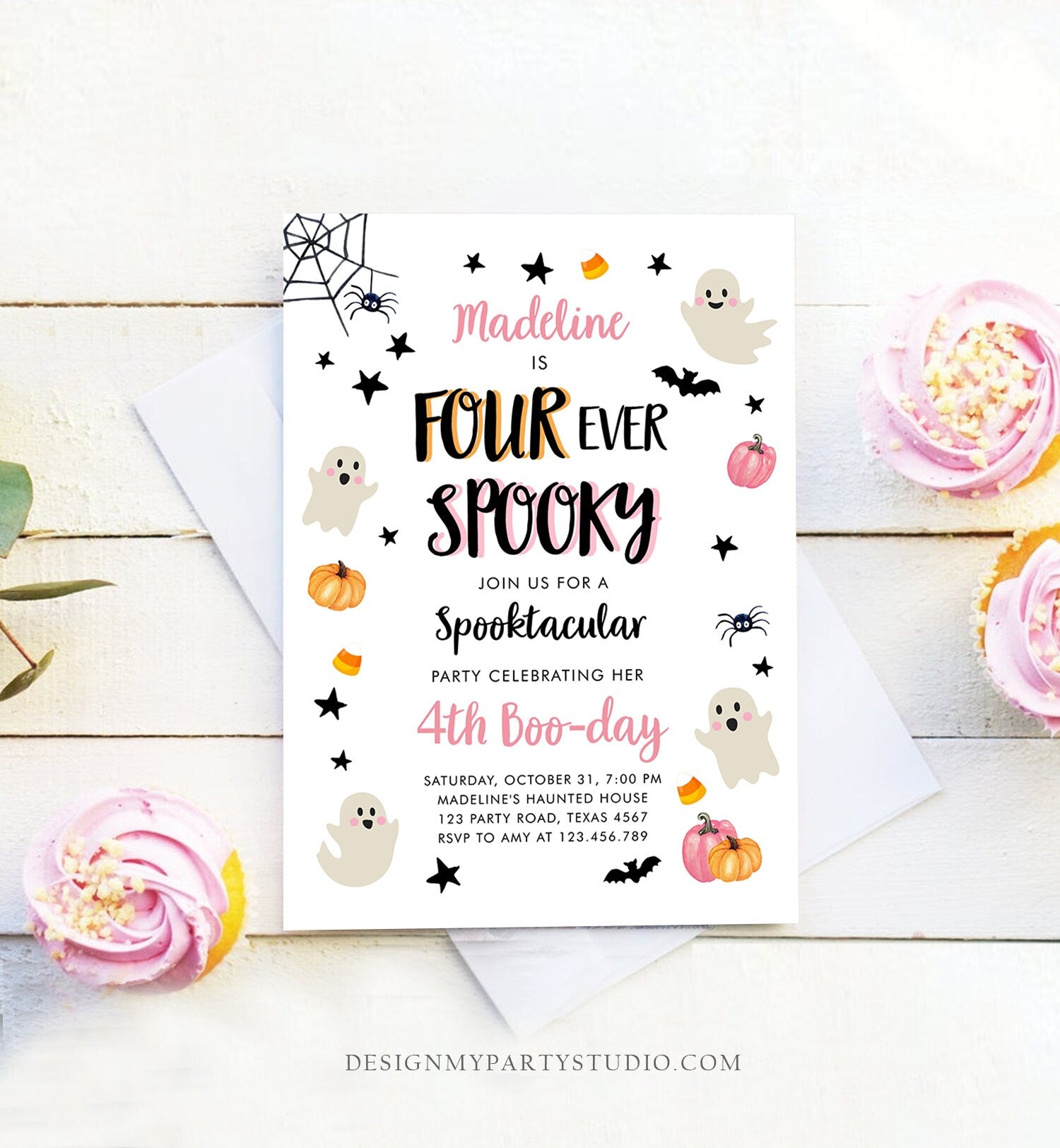 Editable Halloween Four Ever Spooky Birthday Invitation 4th Pink Ghost Costume Party Girl Pink Party Download Printable Template Corjl 0418