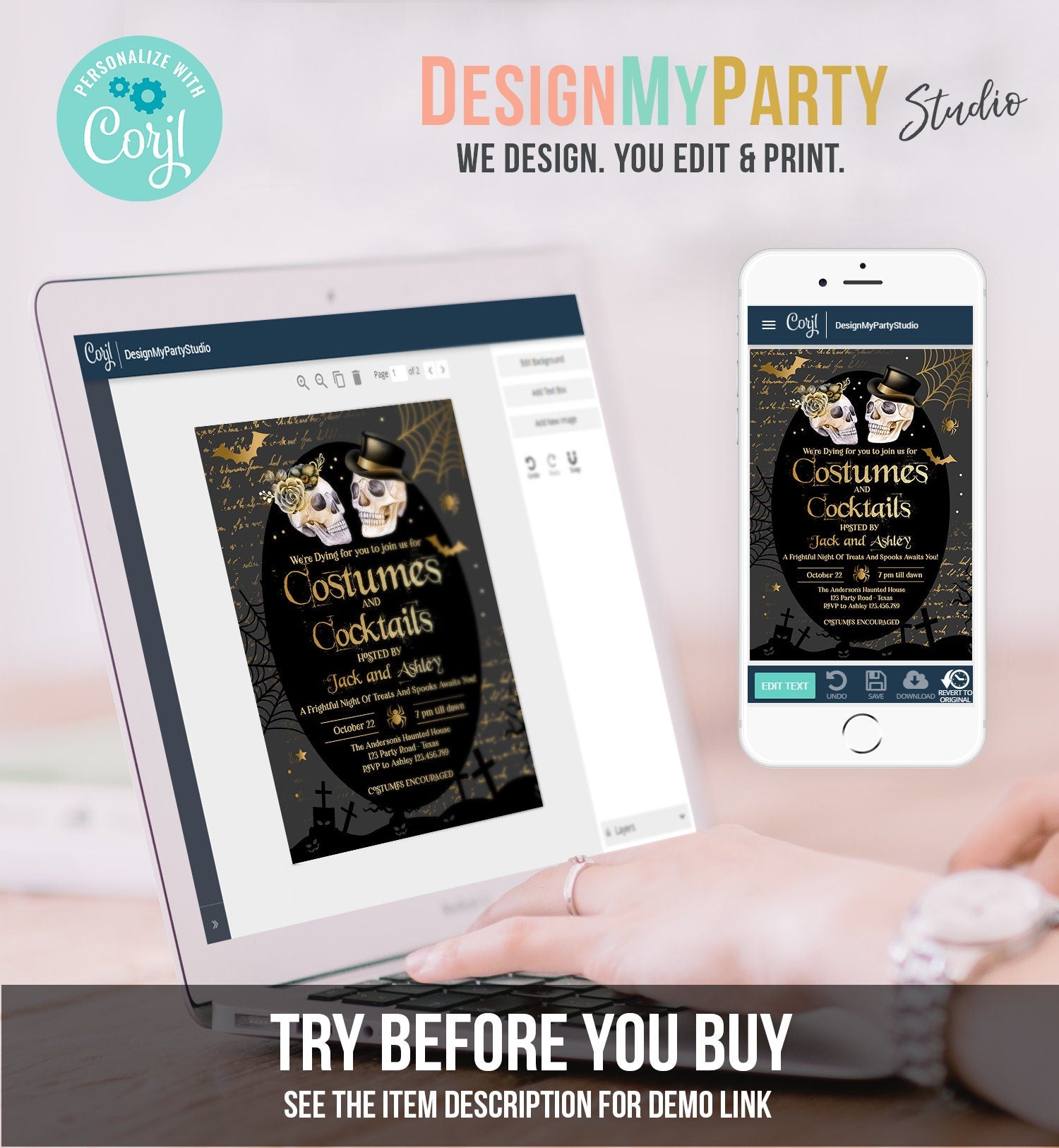 Editable Costumes And Cocktails Halloween Party Invitation Adult Halloween Party Boos or Brews Vintage Gothic Download Printable 0472 0009