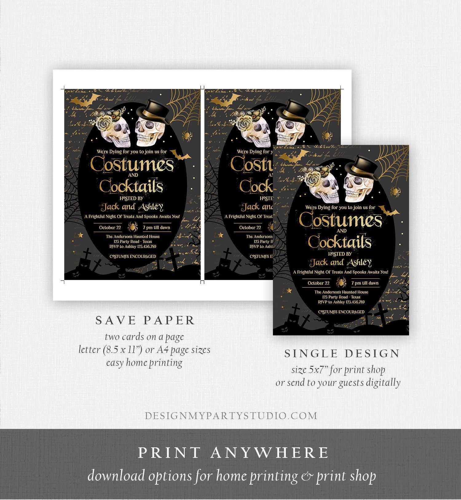 Editable Costumes And Cocktails Halloween Party Invitation Adult Halloween Party Boos or Brews Vintage Gothic Download Printable 0472 0009