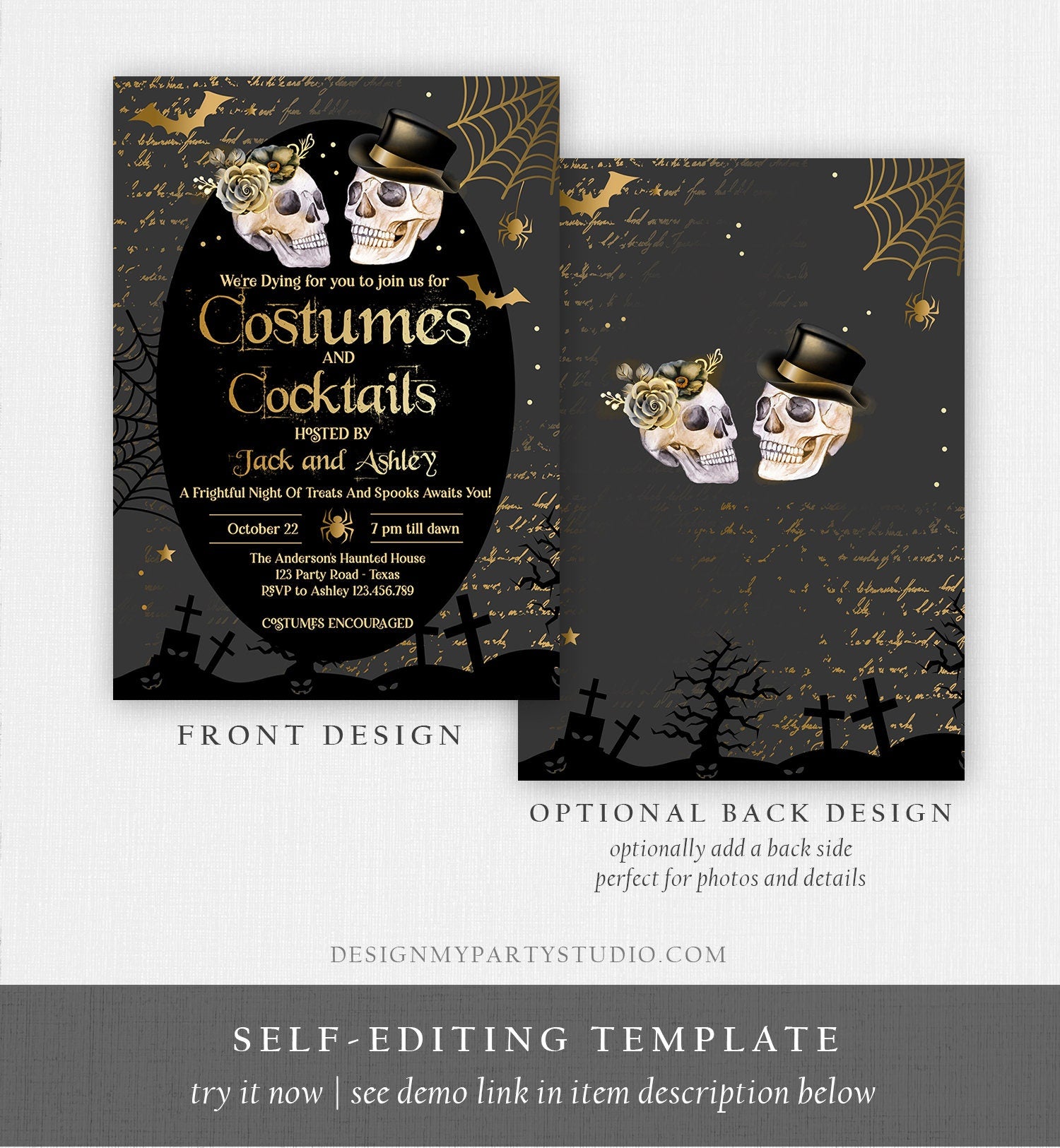 Editable Costumes And Cocktails Halloween Party Invitation Adult Halloween Party Boos or Brews Vintage Gothic Download Printable 0472 0009