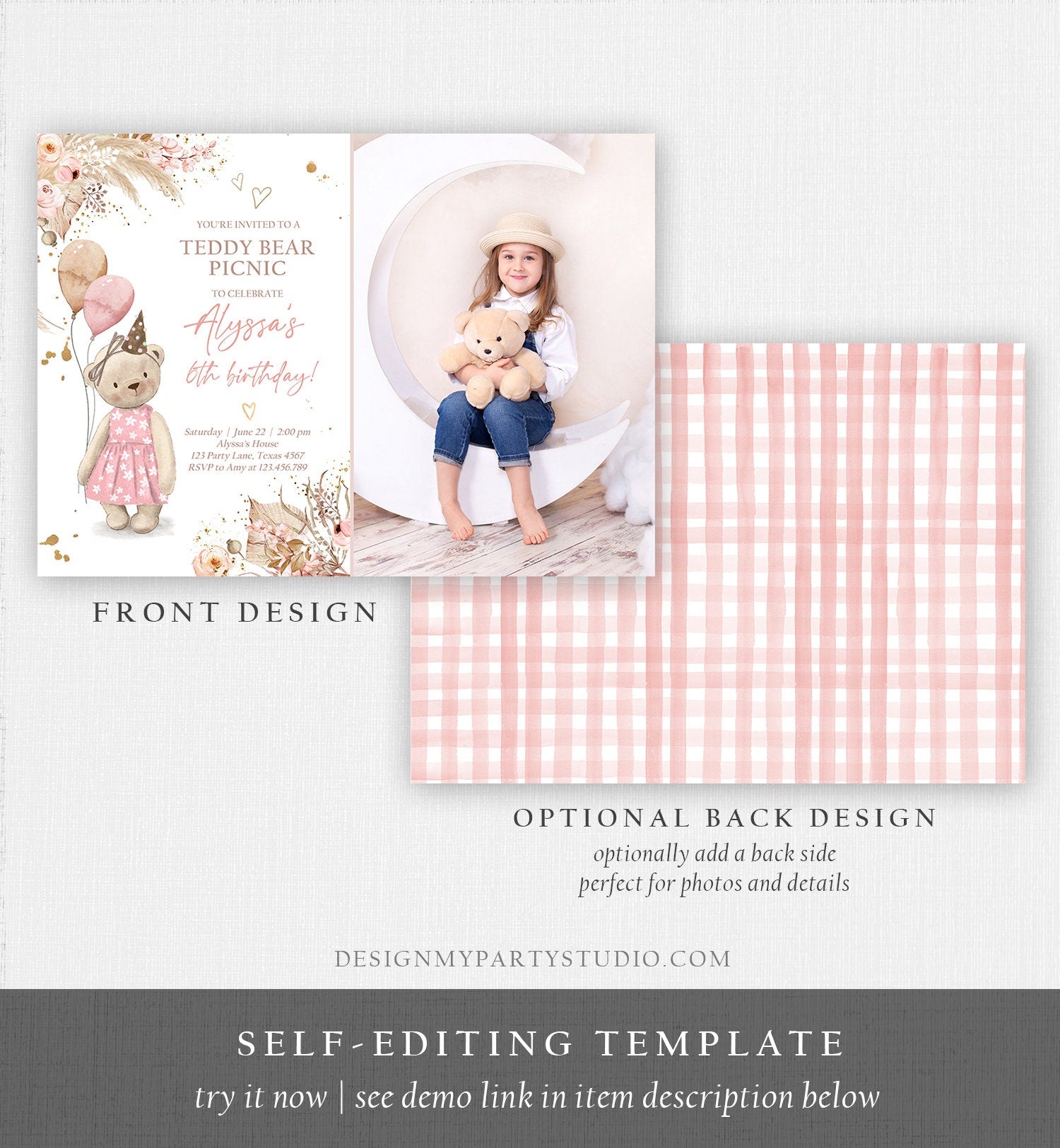 Editable Teddy Bear Picnic Birthday Invitation Girl Pink Boho Bear Picnic Summer Outdoor Party Printable Digital Template Printable 0421