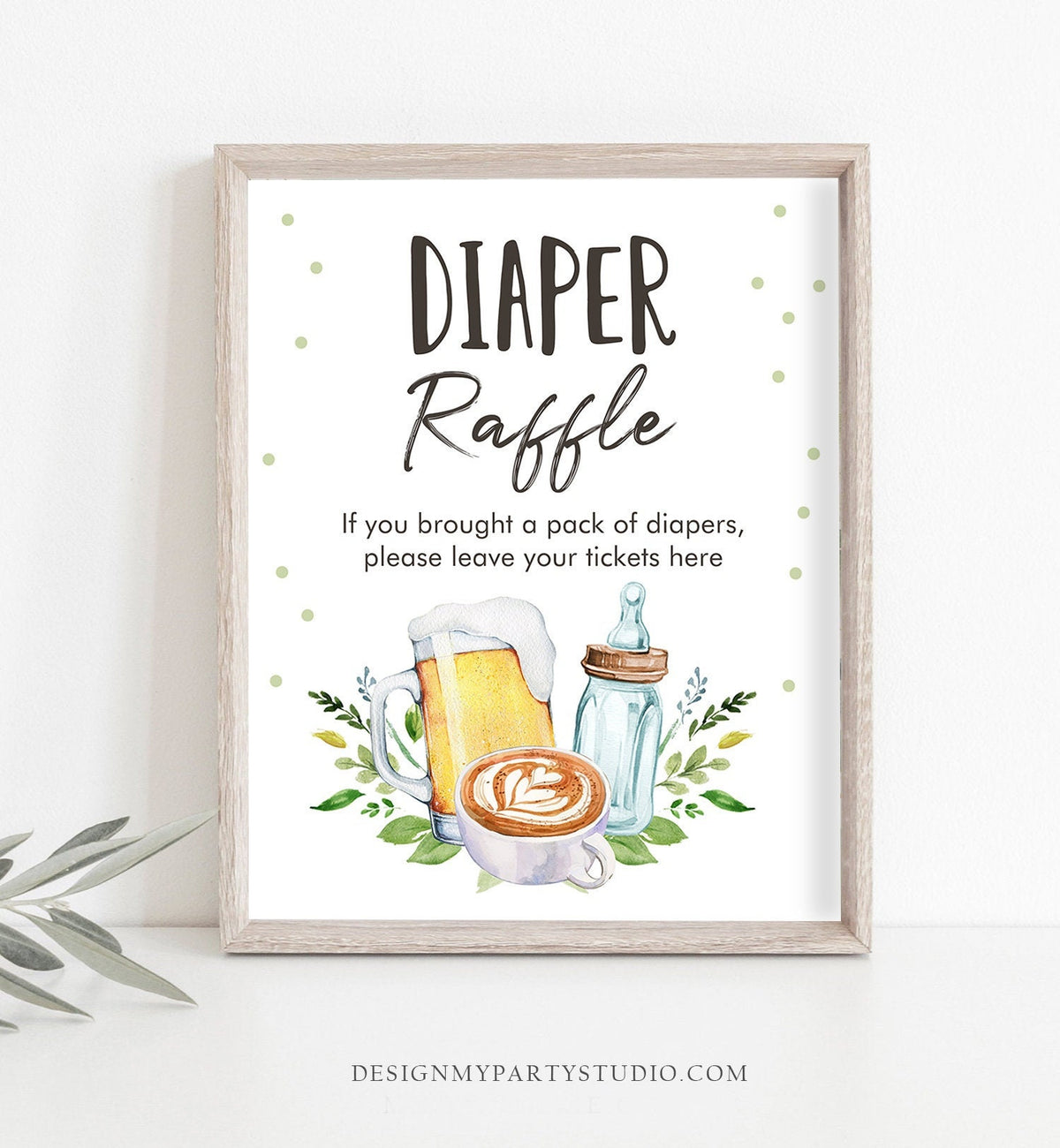 Baby is Brewing Diaper Raffle Bottles Beers Coffee Baby Shower Greenery Ticket Table Sign Gender Neutral Greenery Digital Printable 0190