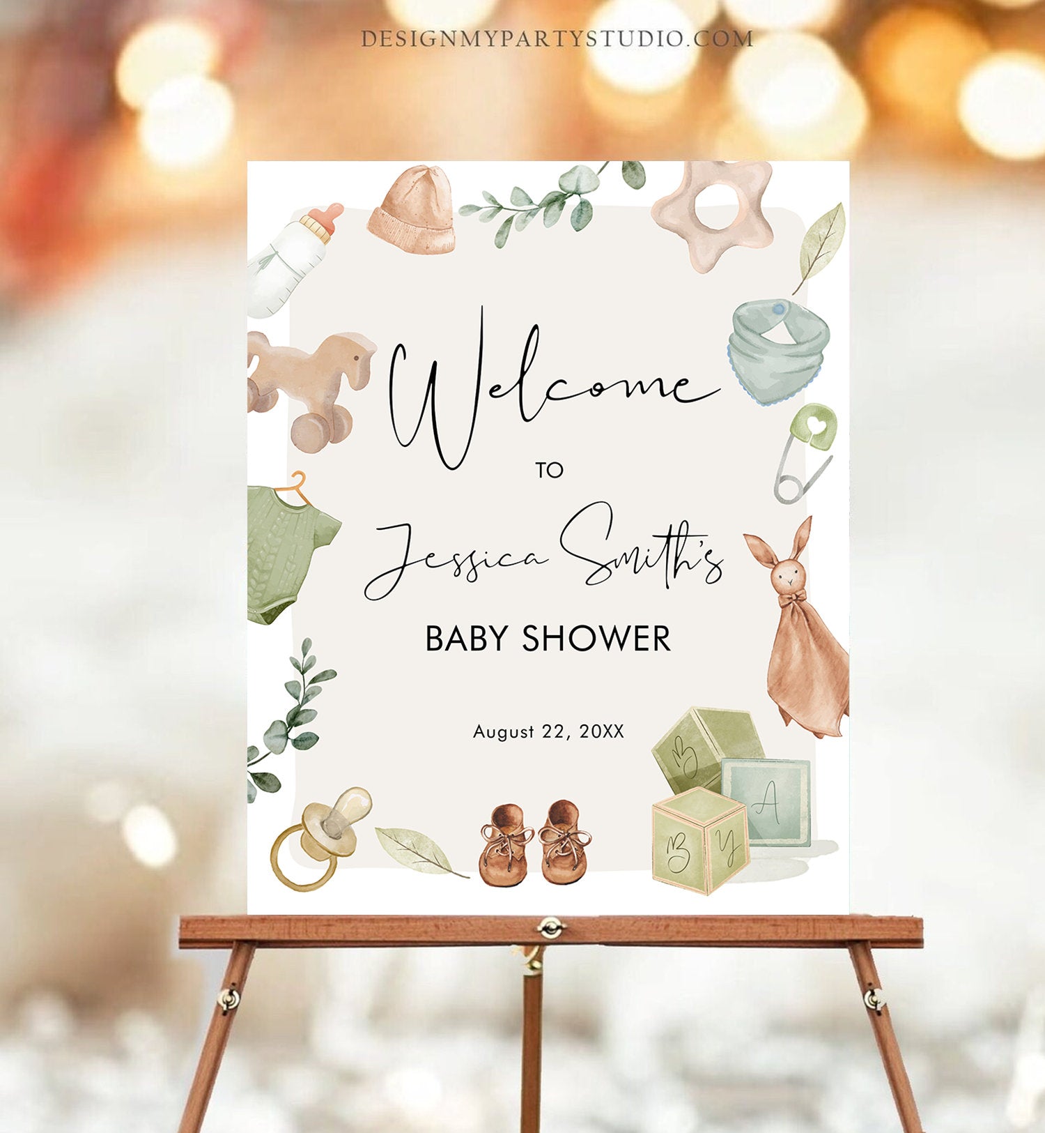 Editable Boho Baby Shower Welcome Sign Boy Baby Shower Neutral Baby Clothes Rustic Greenery Sage Green Instant Template PRINTABLE Corjl 0470