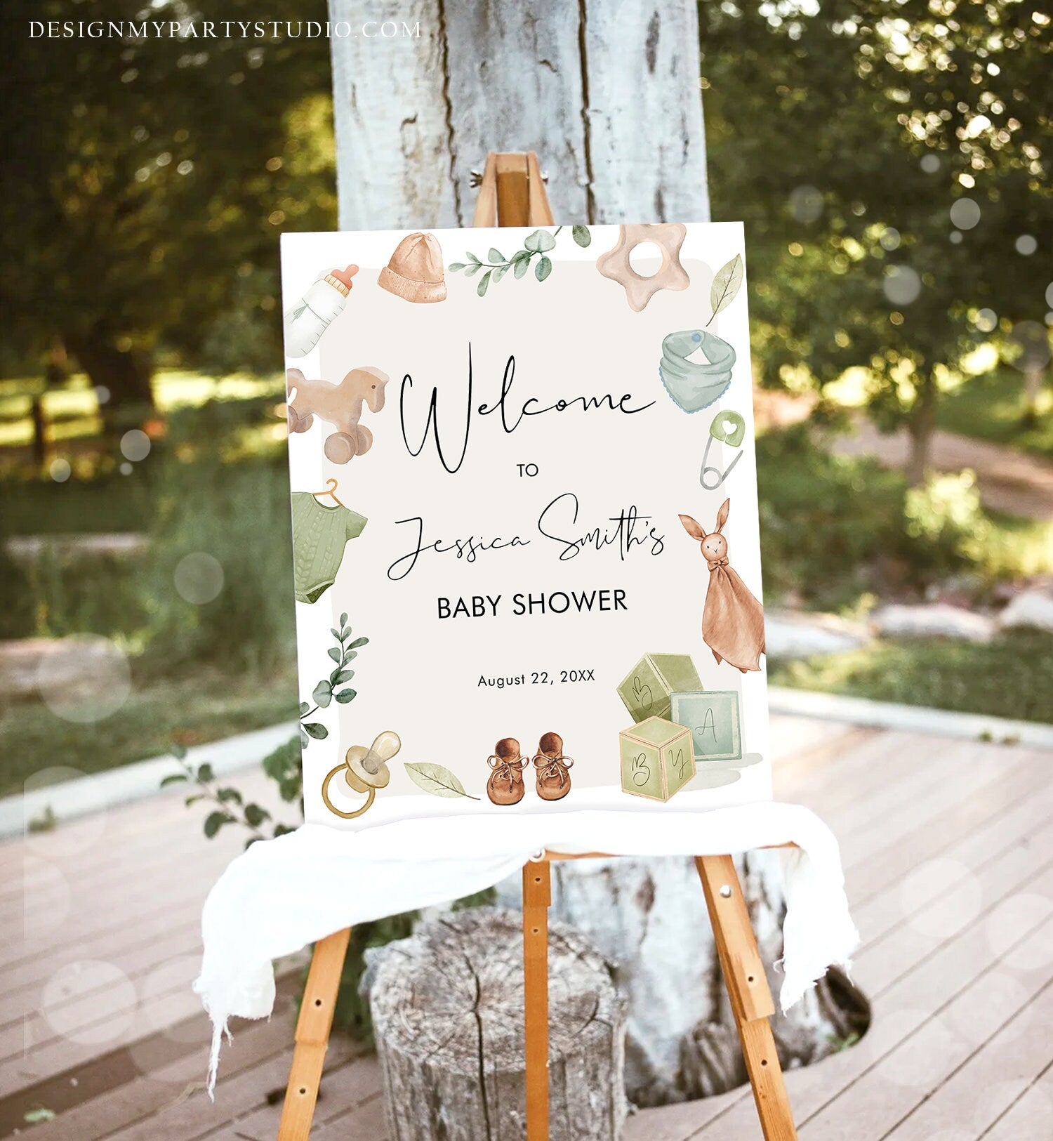 Editable Boho Baby Shower Welcome Sign Boy Baby Shower Neutral Baby Clothes Rustic Greenery Sage Green Instant Template PRINTABLE Corjl 0470