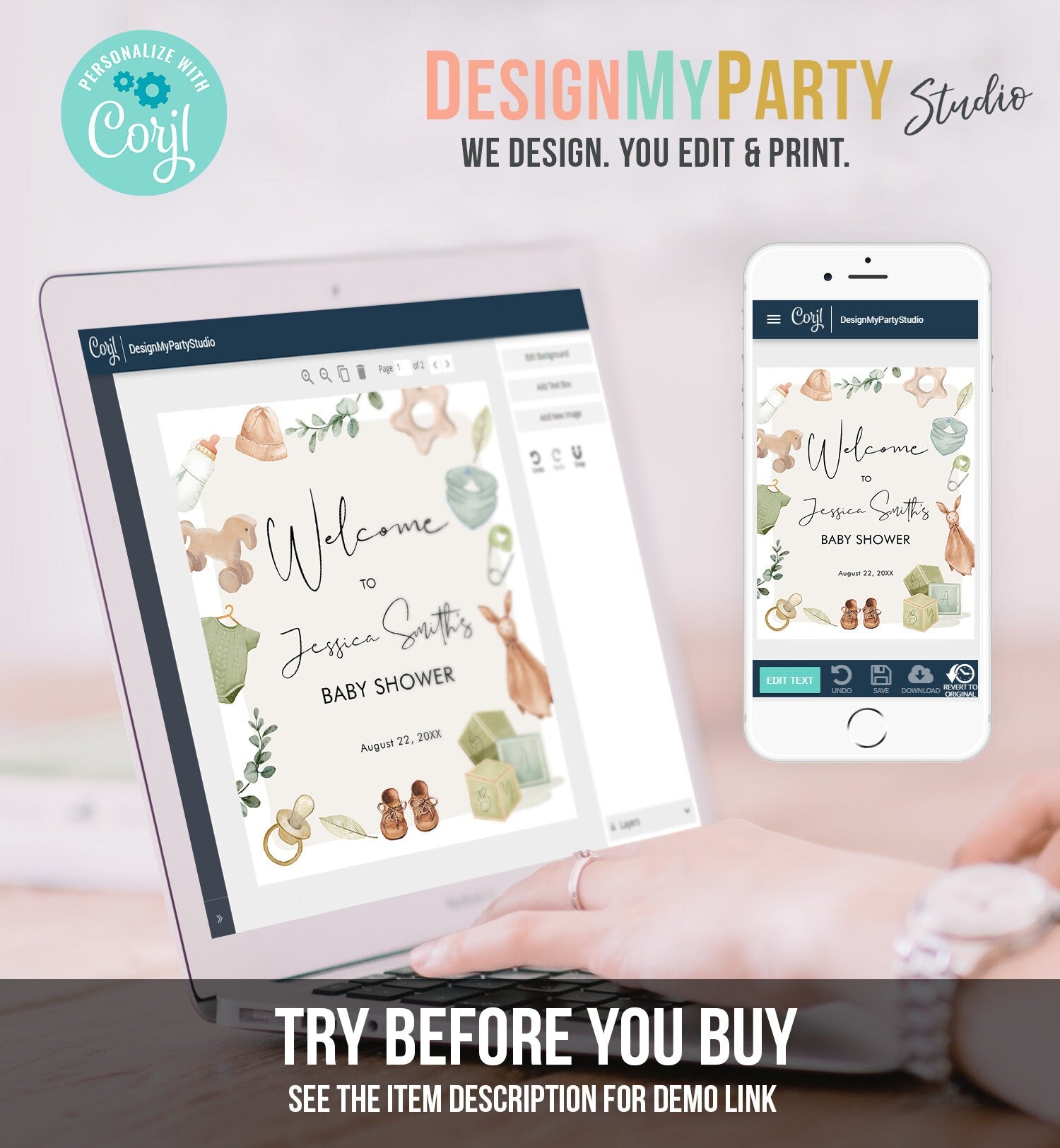 Editable Boho Baby Shower Welcome Sign Boy Baby Shower Neutral Baby Clothes Rustic Greenery Sage Green Instant Template PRINTABLE Corjl 0470