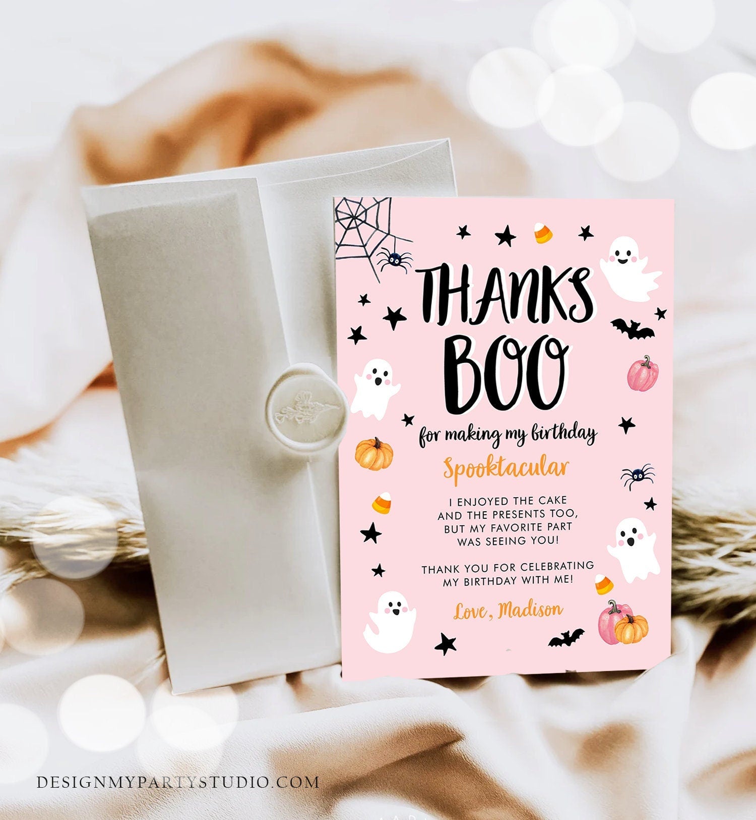 Editable Thanks Boo Halloween Thank You Card Note Pink Ghost Pumpkin Birthday Girl Birthday Digital Download Template Printable 0009 0418