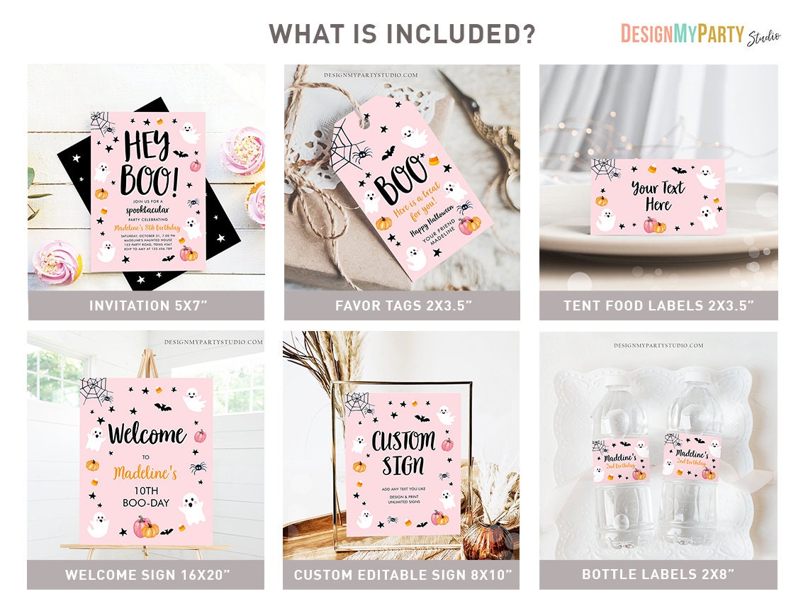 Little Boo Ghost Halloween Birthday Invitation Bundle Pink Girl Pumpkin Package 1st First Printable Corjl Template 0009 0418