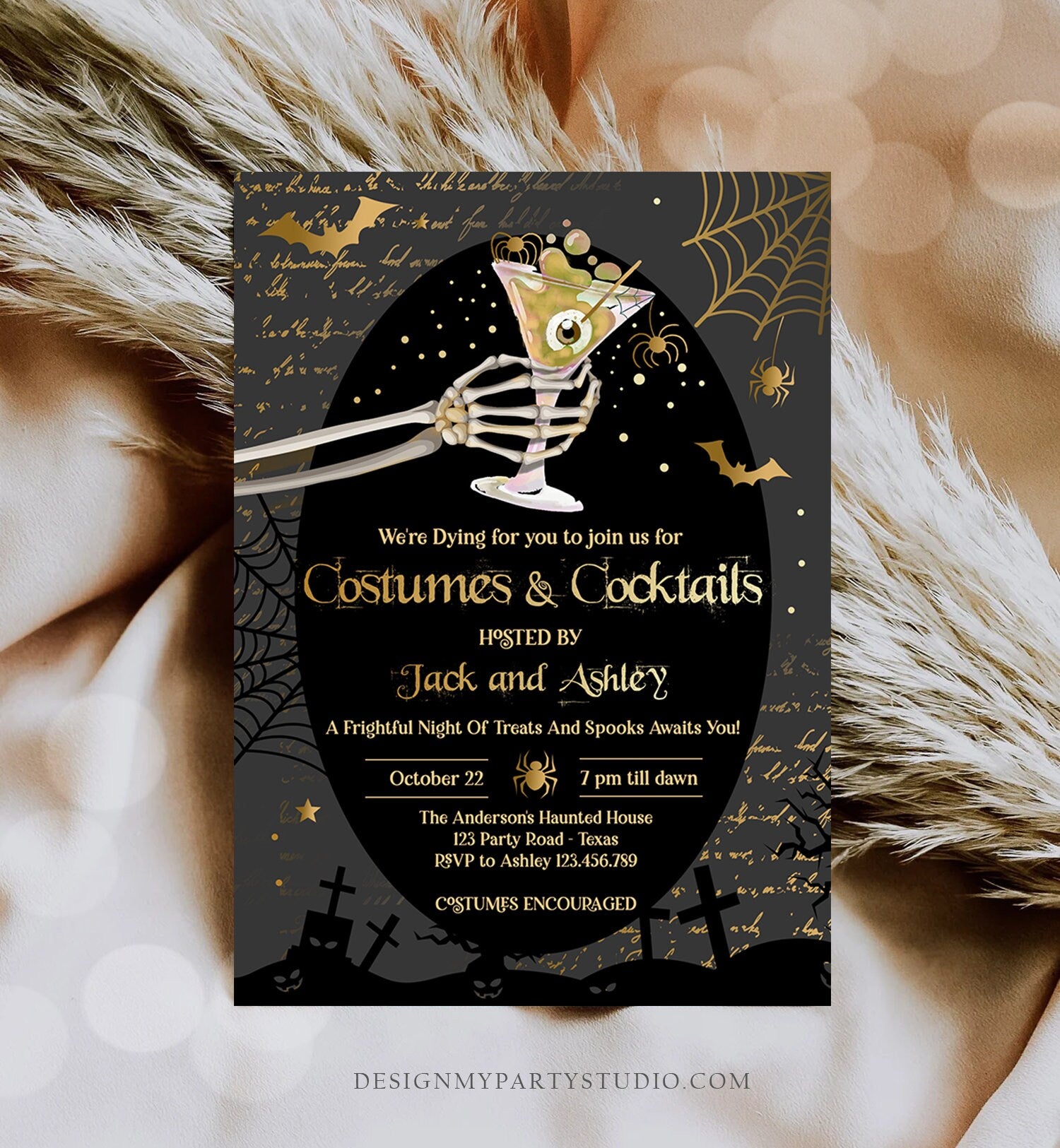 Editable Costumes And Cocktails Halloween Party Invitation Adult Halloween Party Boos or Brews Vintage Gothic Party Download Corjl 0472 0009