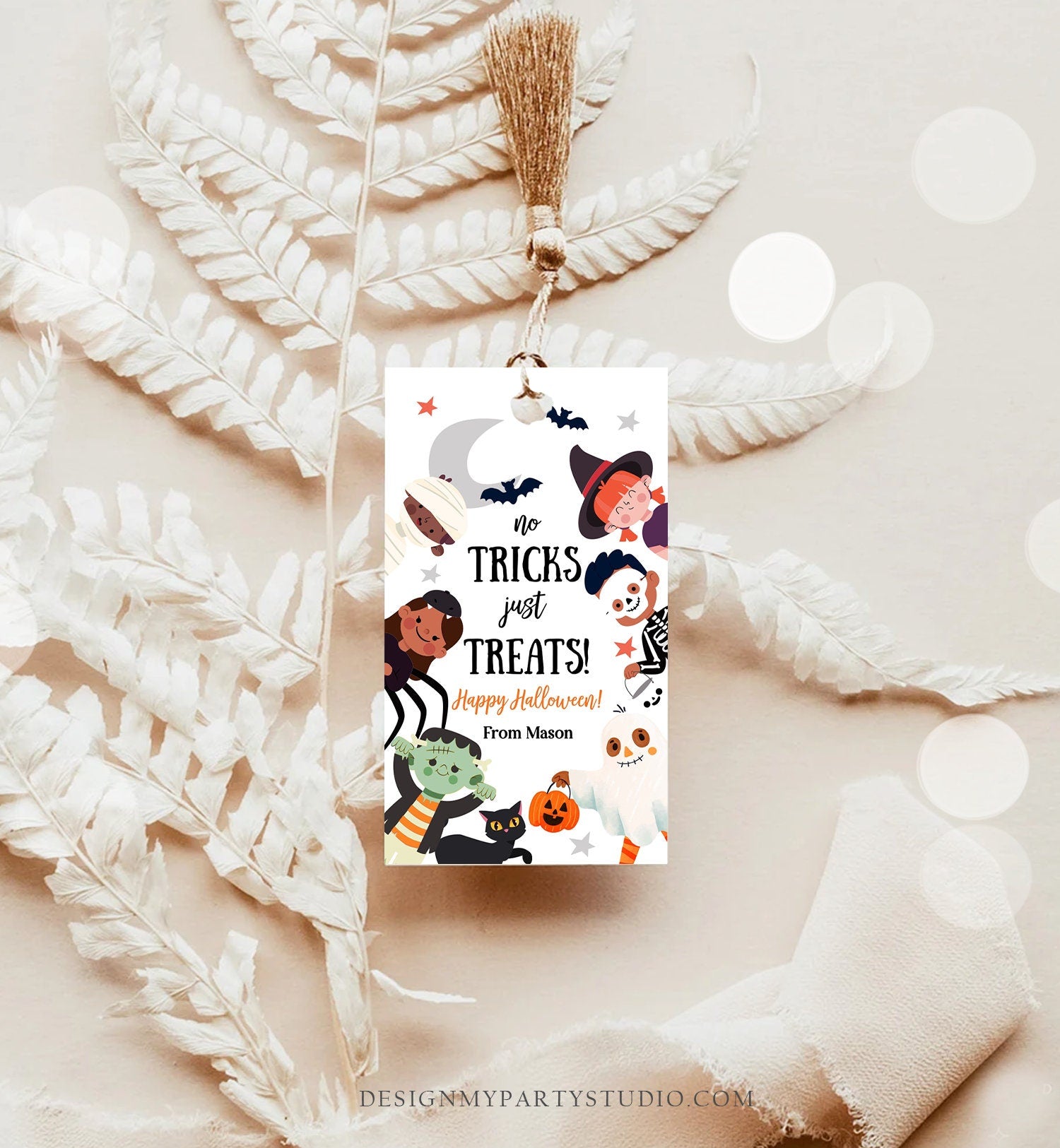 Editable Halloween Gift Tag No Tricks Just Treats Halloween Trick Or Treat Favor Tags Kids Digital Download Template Printable 0261 0473