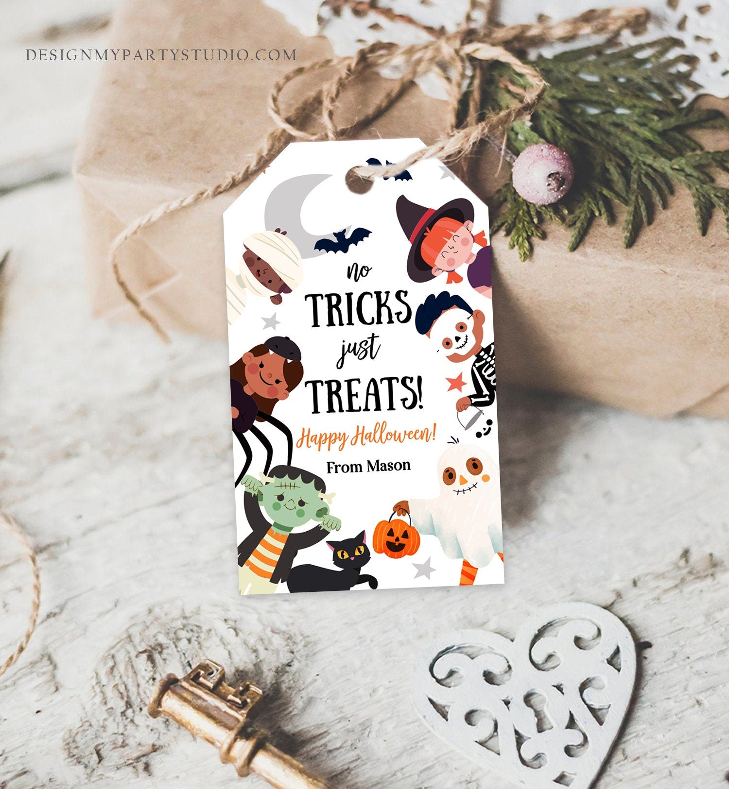 Editable Halloween Gift Tag No Tricks Just Treats Halloween Trick Or Treat Favor Tags Kids Digital Download Template Printable 0261 0473