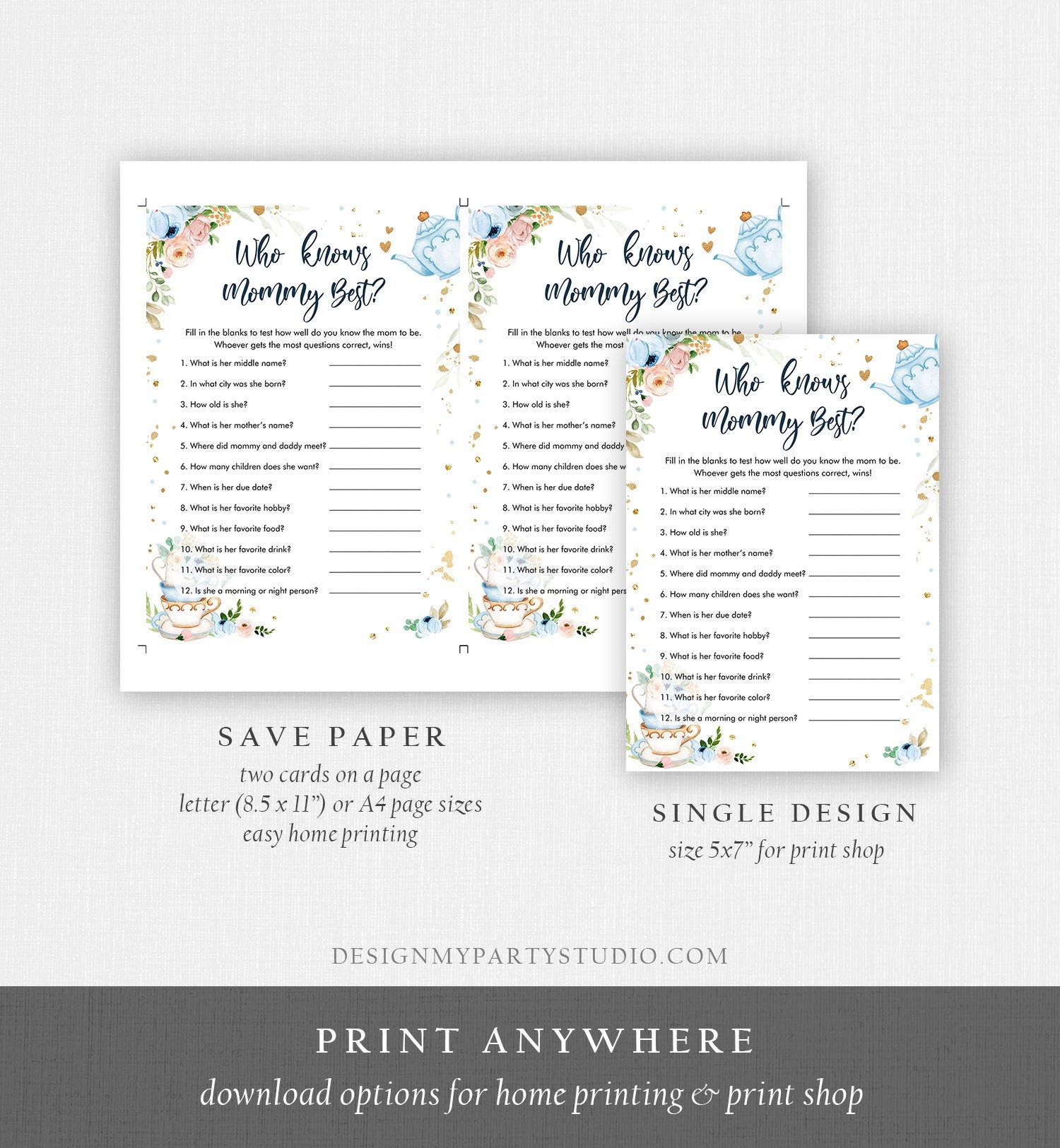 Editable Who Knows Mommy Best Baby Shower Game Tea Party Baby is Brewing Blue Rustic Watercolor Guess Digital Template Printable 0349