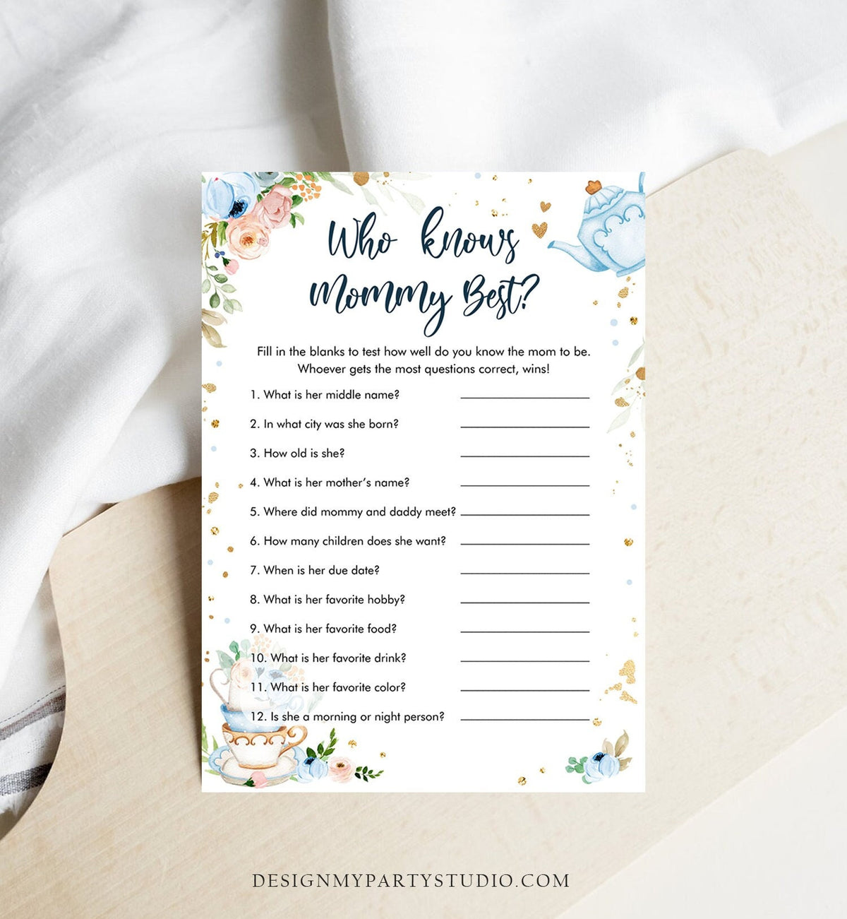 Editable Who Knows Mommy Best Baby Shower Game Tea Party Baby is Brewing Blue Rustic Watercolor Guess Digital Template Printable 0349