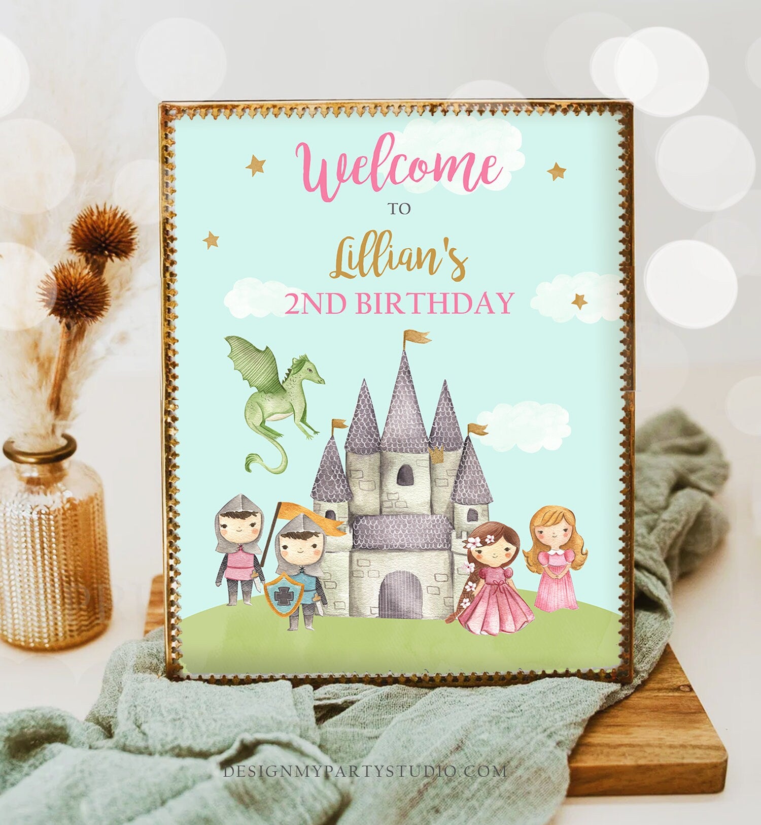 Editable Princess and Knight Birthday Welcome Sign Girl Dual Joint Boy Girl Royal Castle Pink Gold Dragon Template Corjl PRINTABLE 0171