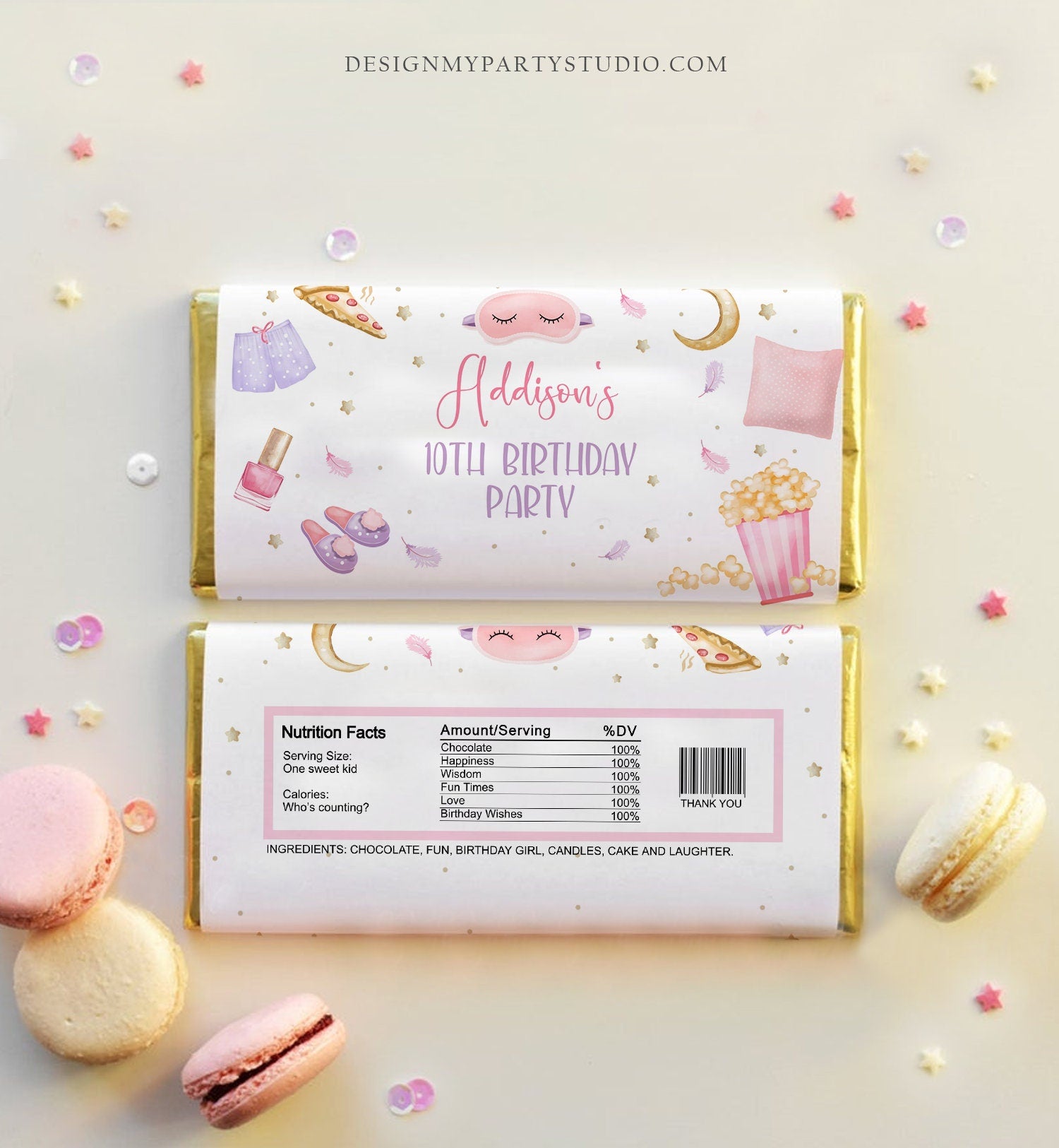 Editable Sleepover Chocolate Bar Labels Candy Bar Wrapper Slumber Party Spa Girl Pink Movie Night Download Corjl Template Printable 0447