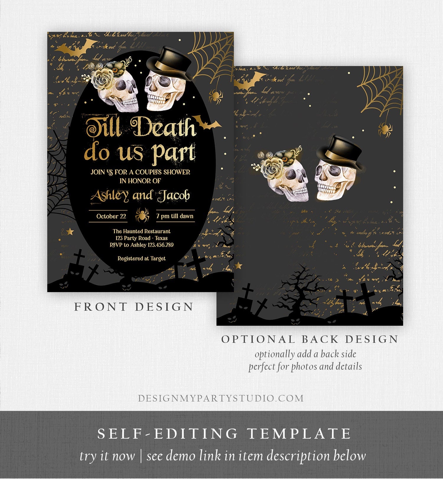 Editable Halloween Couples Shower Invitation Till Death Do Us Part Gothic Bridal Shower Fall Skull Engagement Download Printable 0472 0009