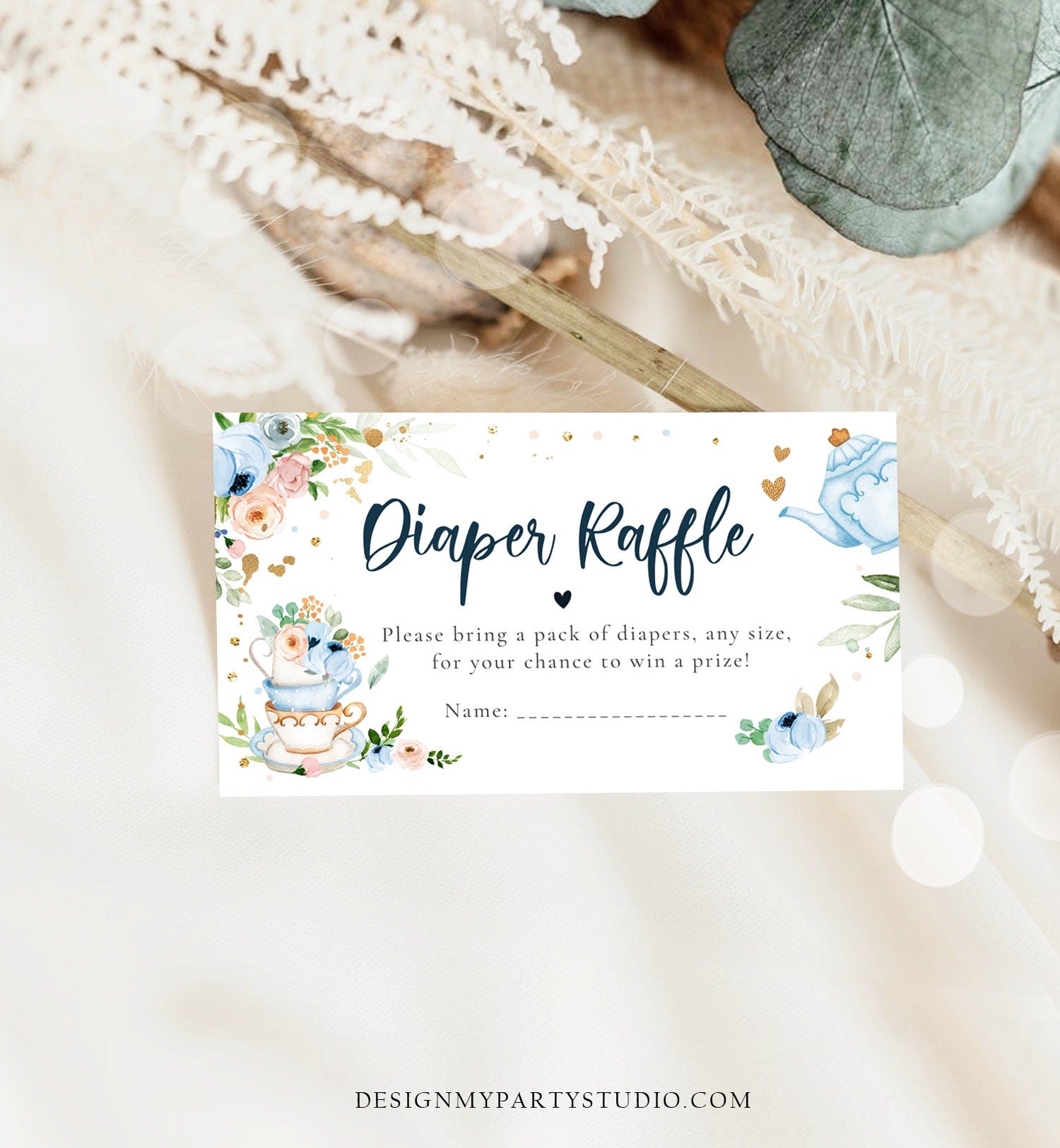 Editable Diaper Raffle Ticket Diaper Game Card Baby is Brewing Baby shower Tea Floral Brunch Blue Boy Download Template Corjl PRINTABLE 0349