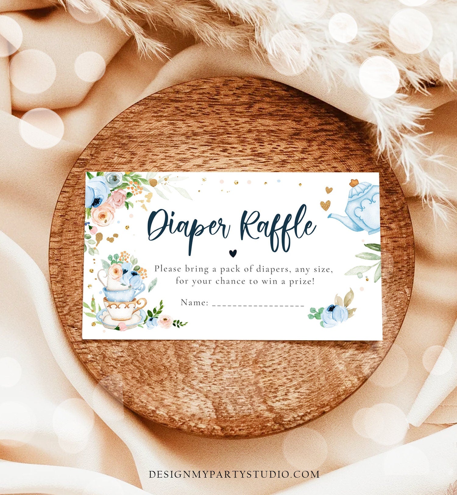 Editable Diaper Raffle Ticket Diaper Game Card Baby is Brewing Baby shower Tea Floral Brunch Blue Boy Download Template Corjl PRINTABLE 0349