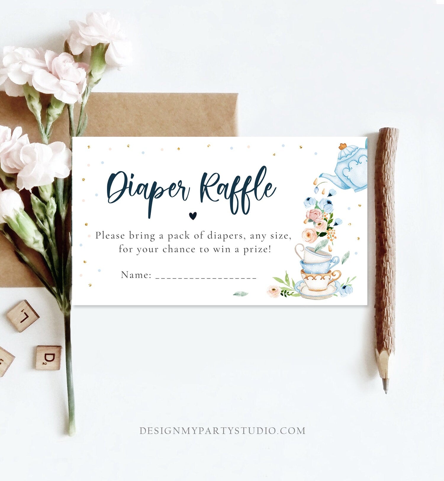 Editable Diaper Raffle Ticket Diaper Game Card Baby is Brewing Baby shower Tea Floral Brunch Blue Boy Download Template Corjl PRINTABLE 0349