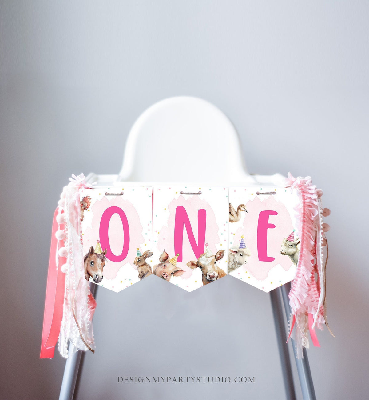 Girl Farm High Chair Banner Pink Farm 1st Birthday Banner High Chair One Banner Farm Animals 1st Birthday Decorations PRINTABLE Digital 0448