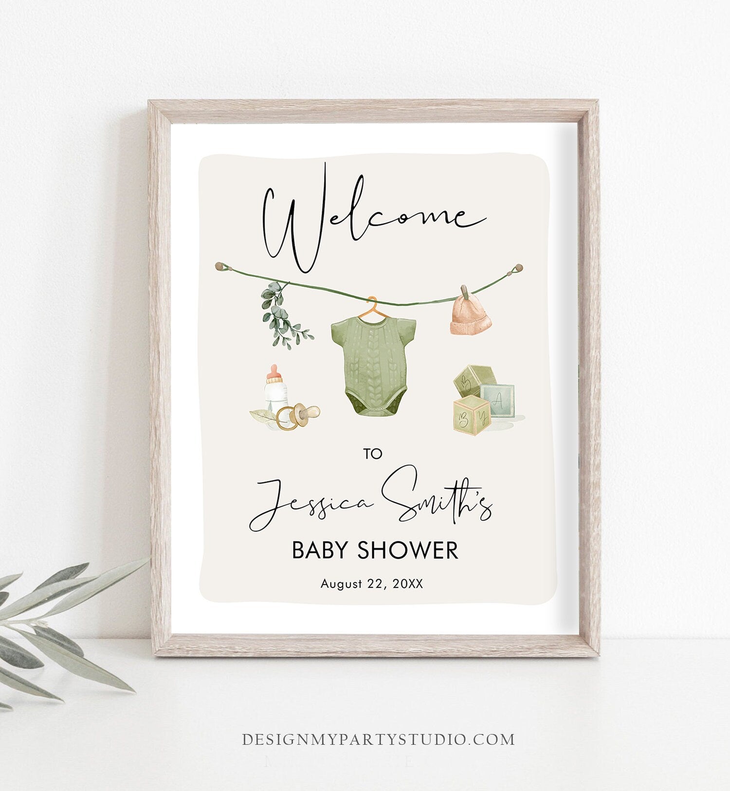 Editable Boho Baby Shower Welcome Sign Boy Couples Shower Neutral Baby Clothes Rustic Greenery Sage Green Digital Template Printable 0470