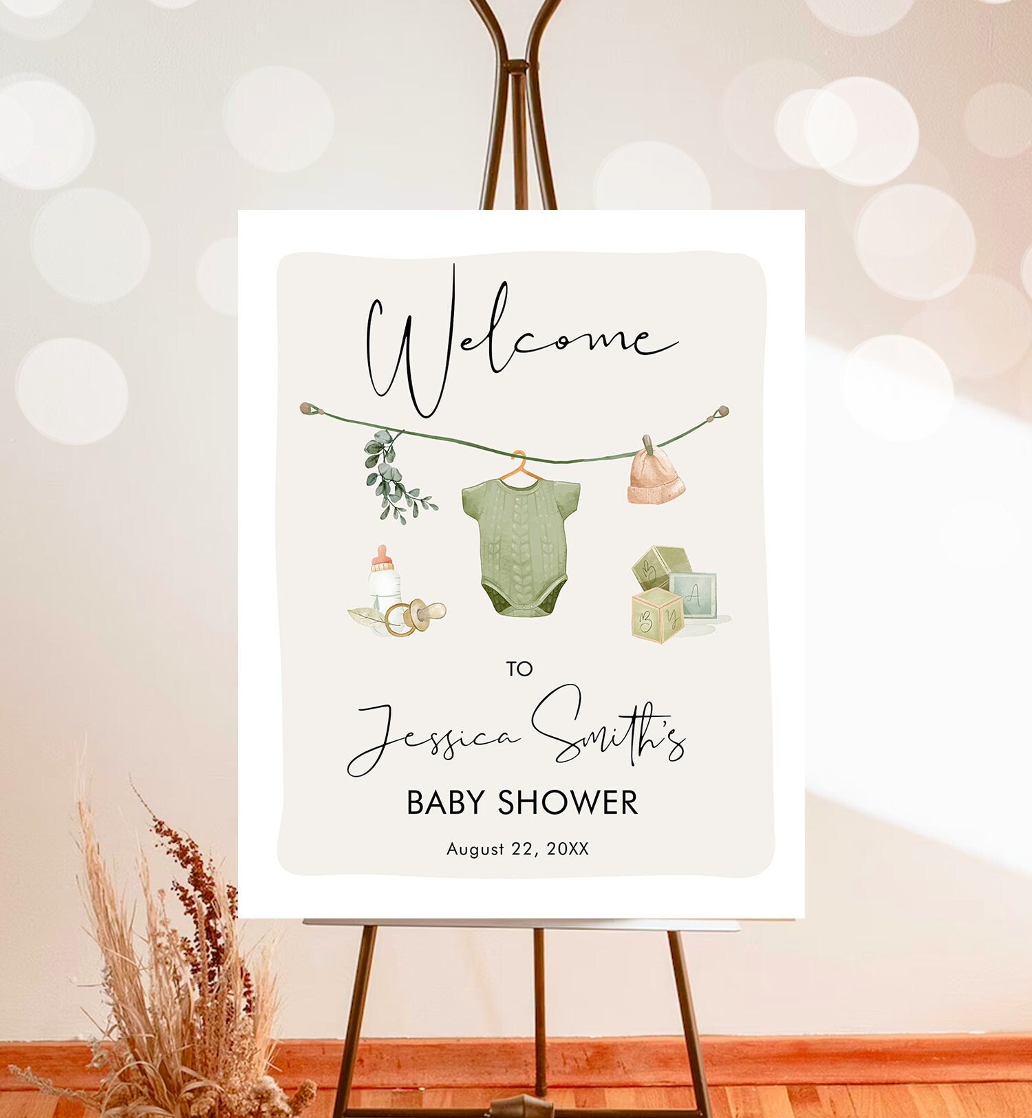 Editable Boho Baby Shower Welcome Sign Boy Couples Shower Neutral Baby Clothes Rustic Greenery Sage Green Digital Template Printable 0470